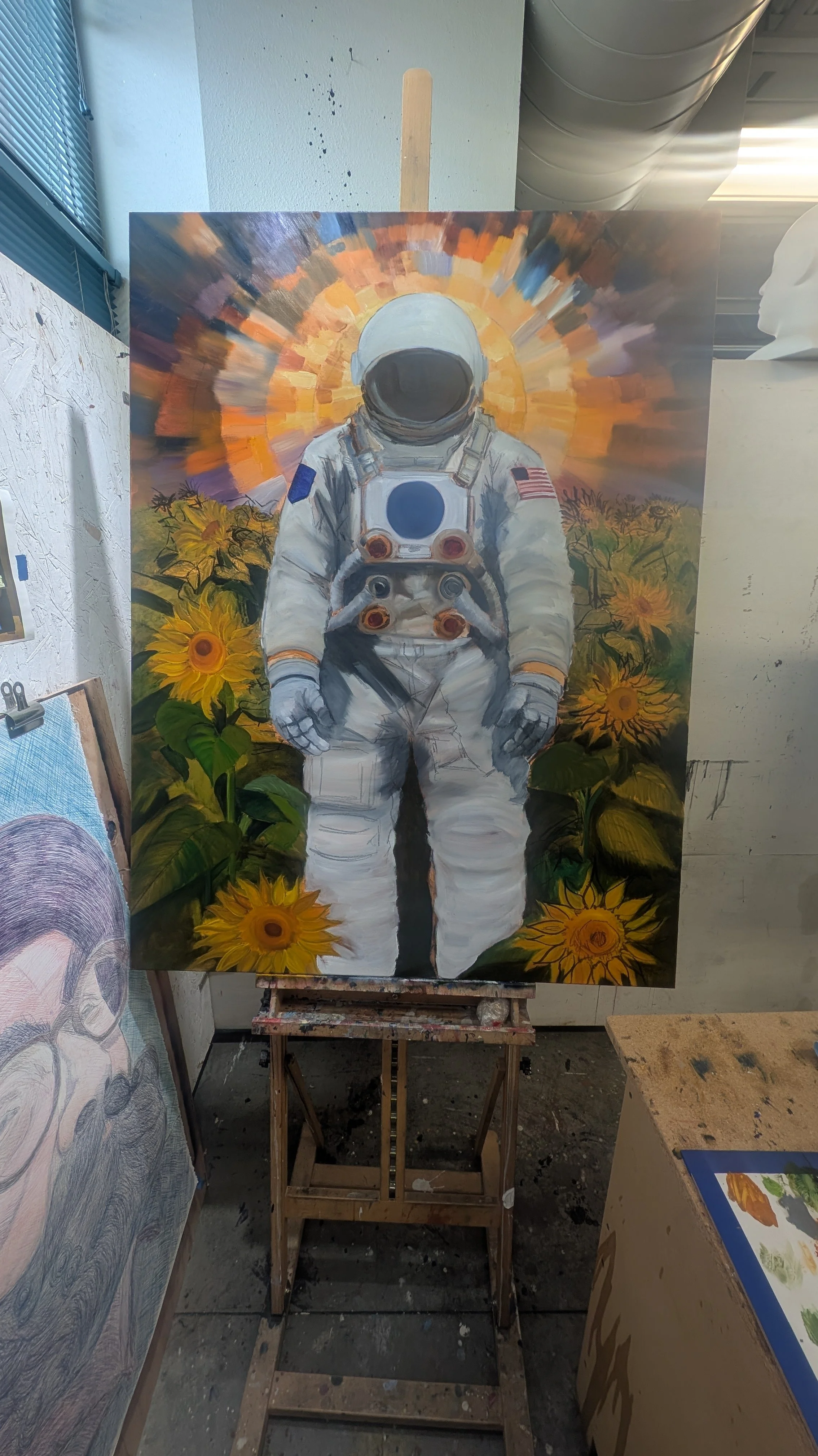 Painting of an astronaut standing among sunflowers with a colorful, radiant background