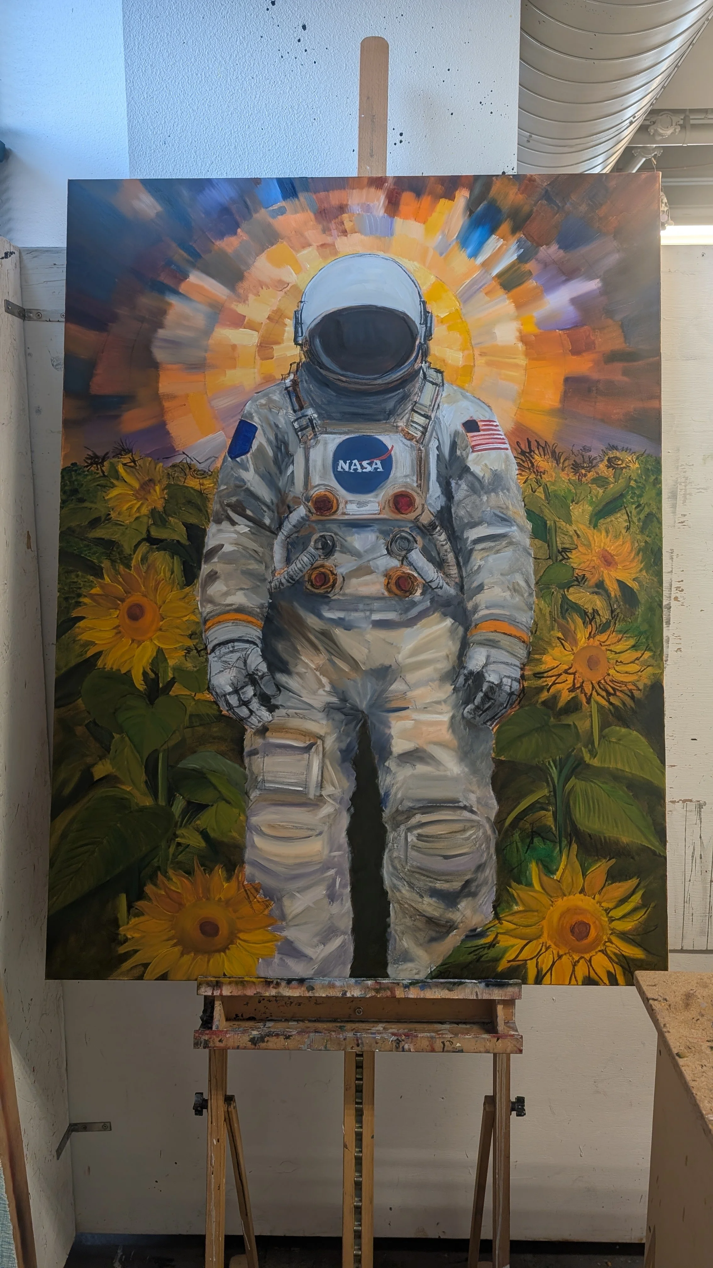 An oil painting of an astronaut in a space suit standing in a field of sunflowers with a radiant sunset or sunburst behind them.