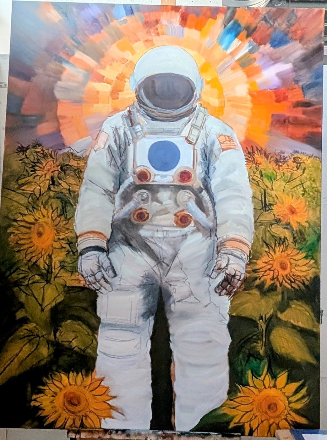 A painting of an astronaut in a white spacesuit standing among sunflower plants. The background features a vibrant, multi-colored, circular sunset or sunrise.
