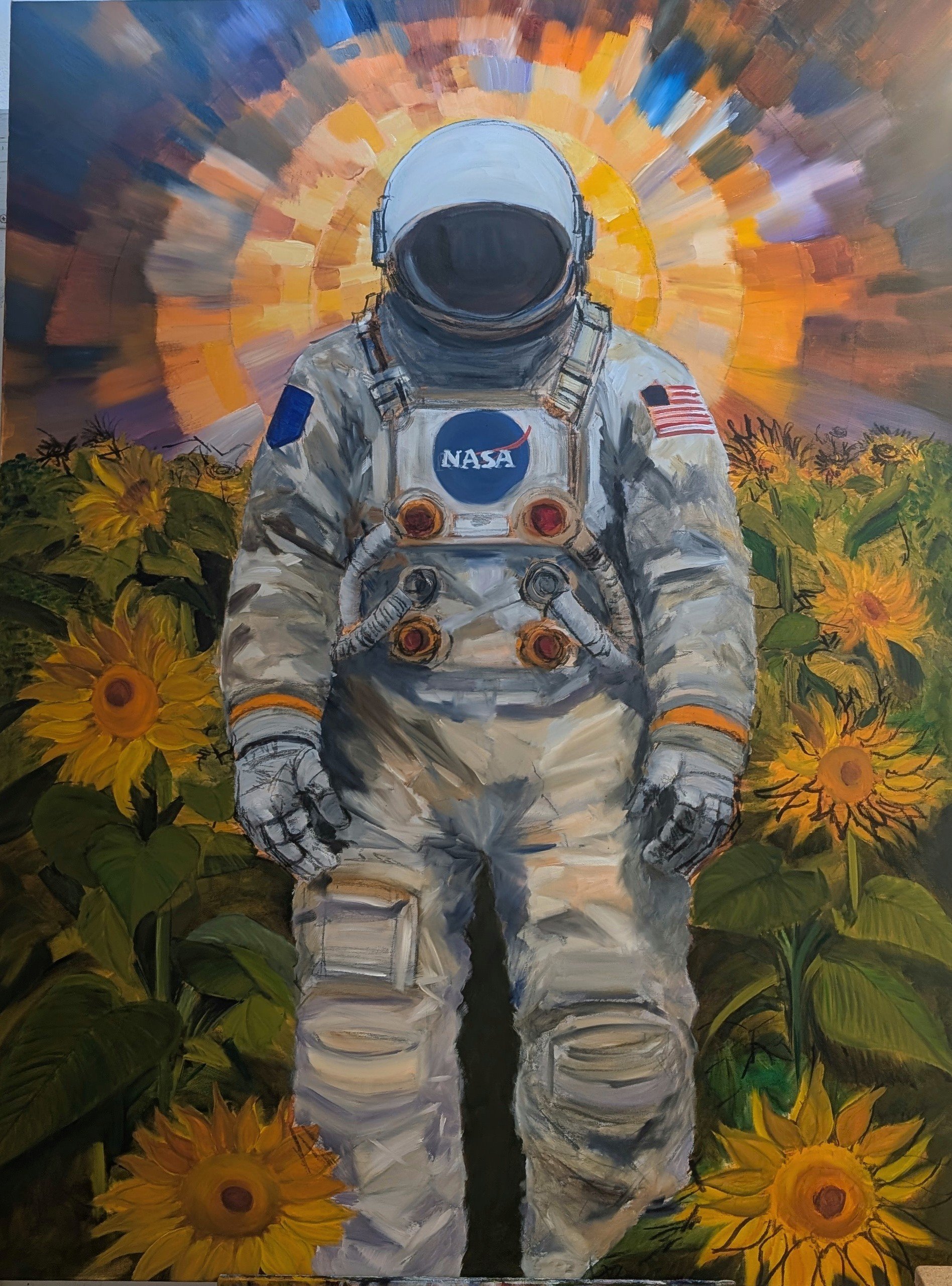 Painting of an astronaut in a space suit standing among sunflowers with a colorful abstract background.