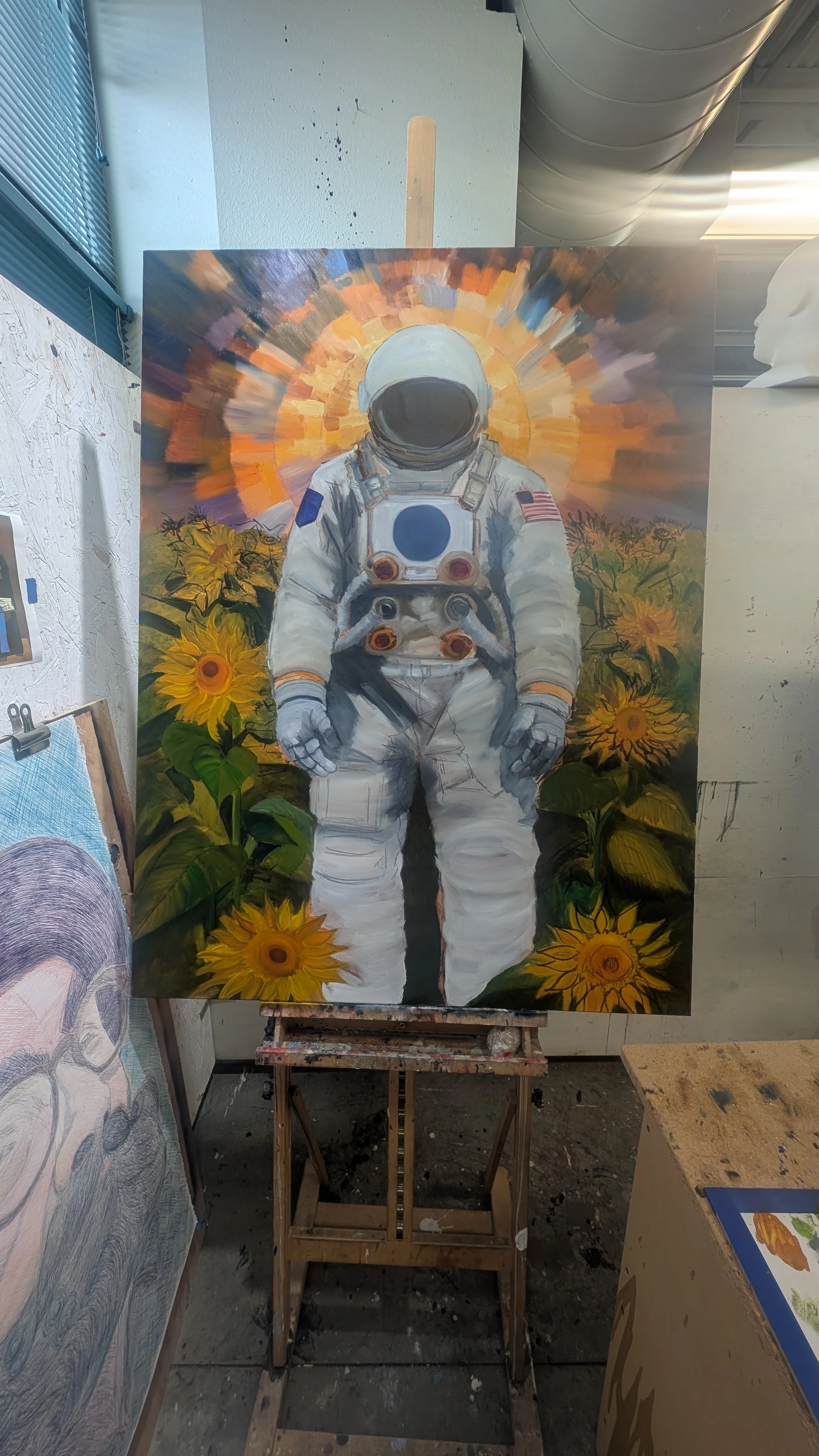 Painting of an astronaut standing in a field of sunflowers with a colorful radiant background.