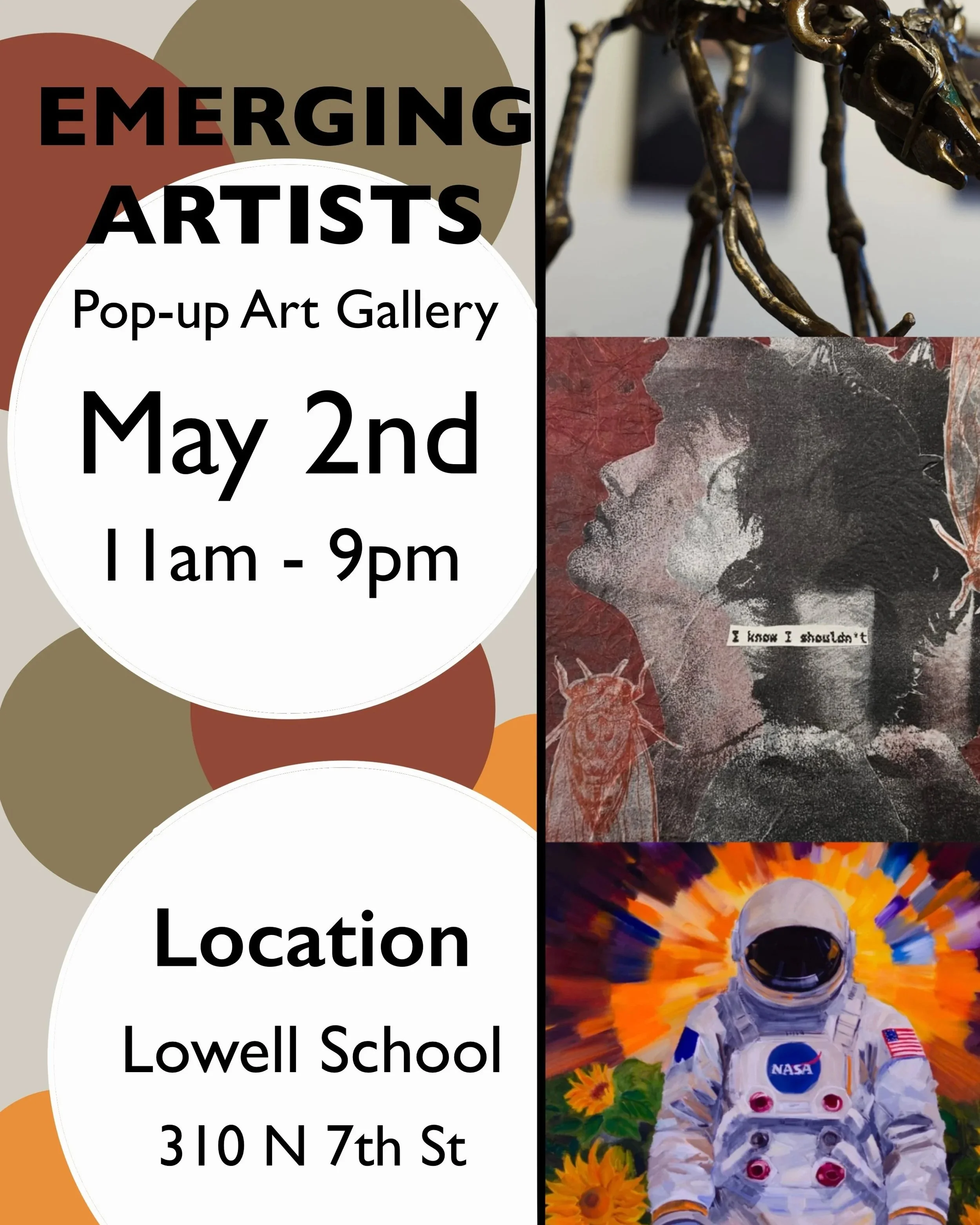 Grand Junction Emerging Artists Pop-up Art Gallery poster showcasing contemporary student artwork, painting, sculpture, and mixed media at Lowell School in Colorado.