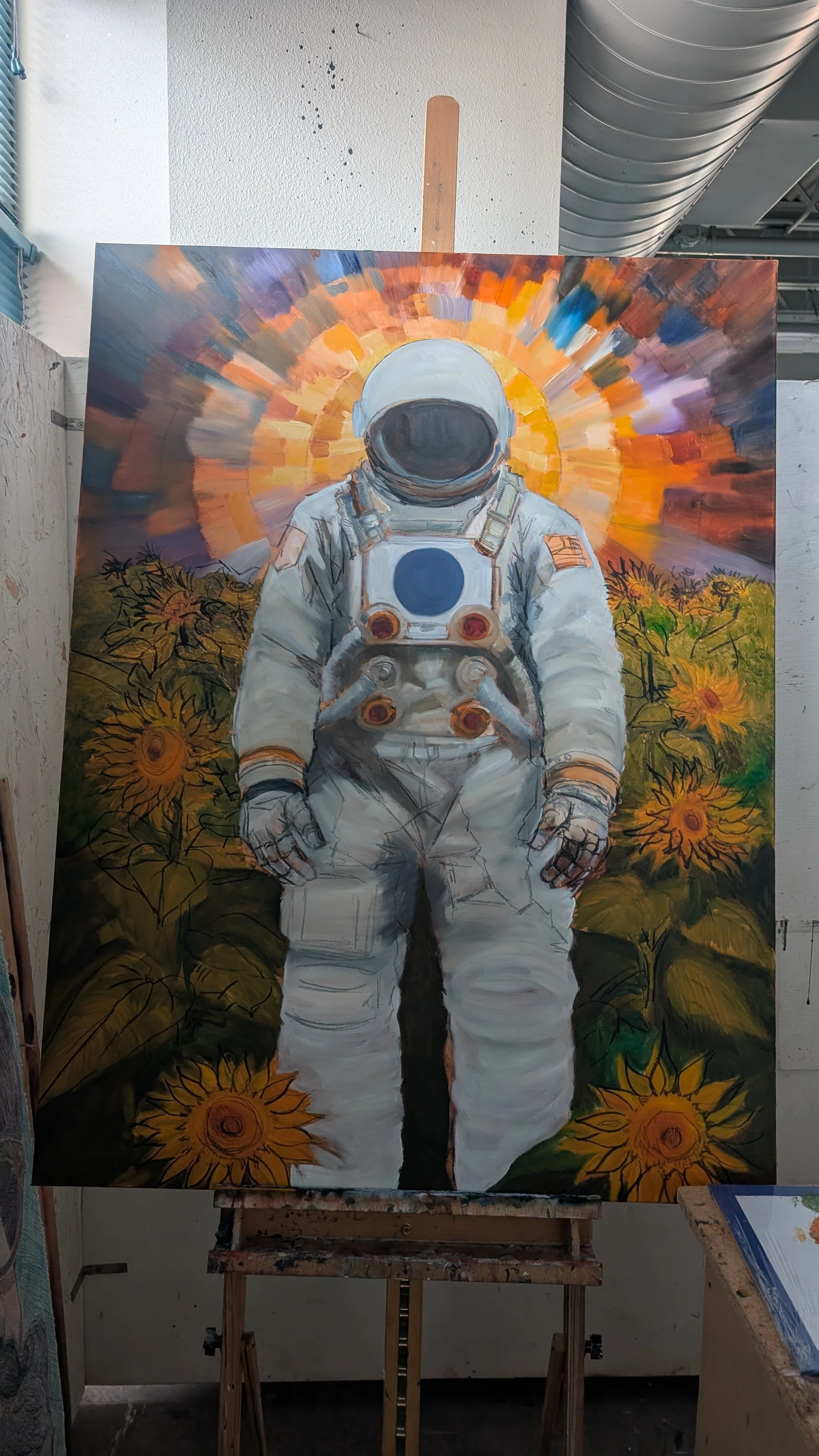Painting of an astronaut in a sunflower field with a colorful explosion background.