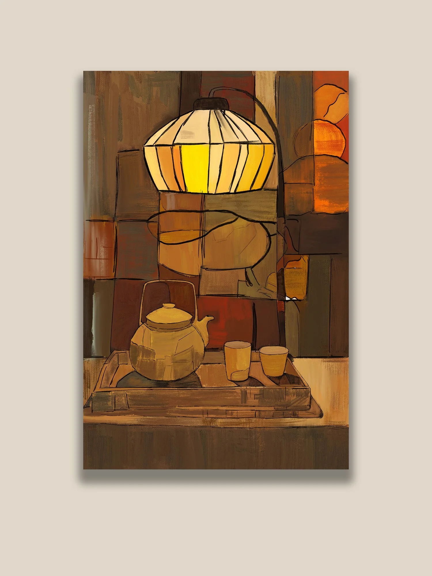 ubist-inspired digital painting of a teapot and cups beneath a glowing lamp in a warm abstract interior by Farron Khan.
