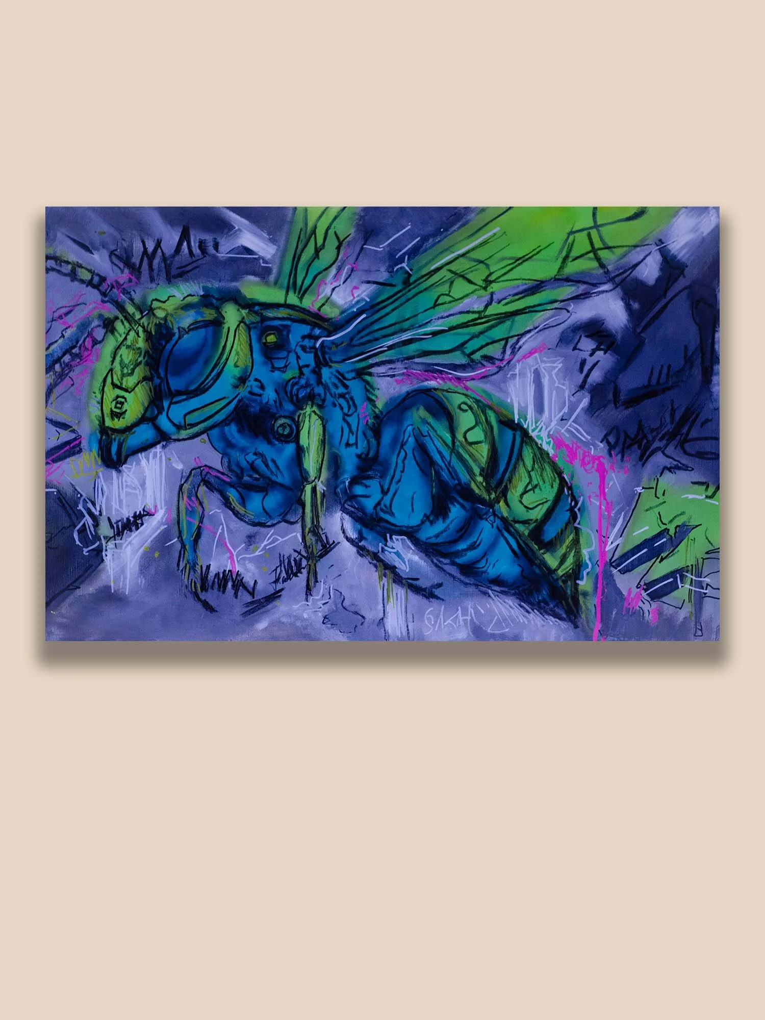 Mixed-media bee painting featuring vivid blue and green tones, urban graffiti aesthetics, and symbolic imagery. Contemporary artwork examining pollinator health, environmental conservation, biodiversity, and humanity's impact on natural ecosystems.
