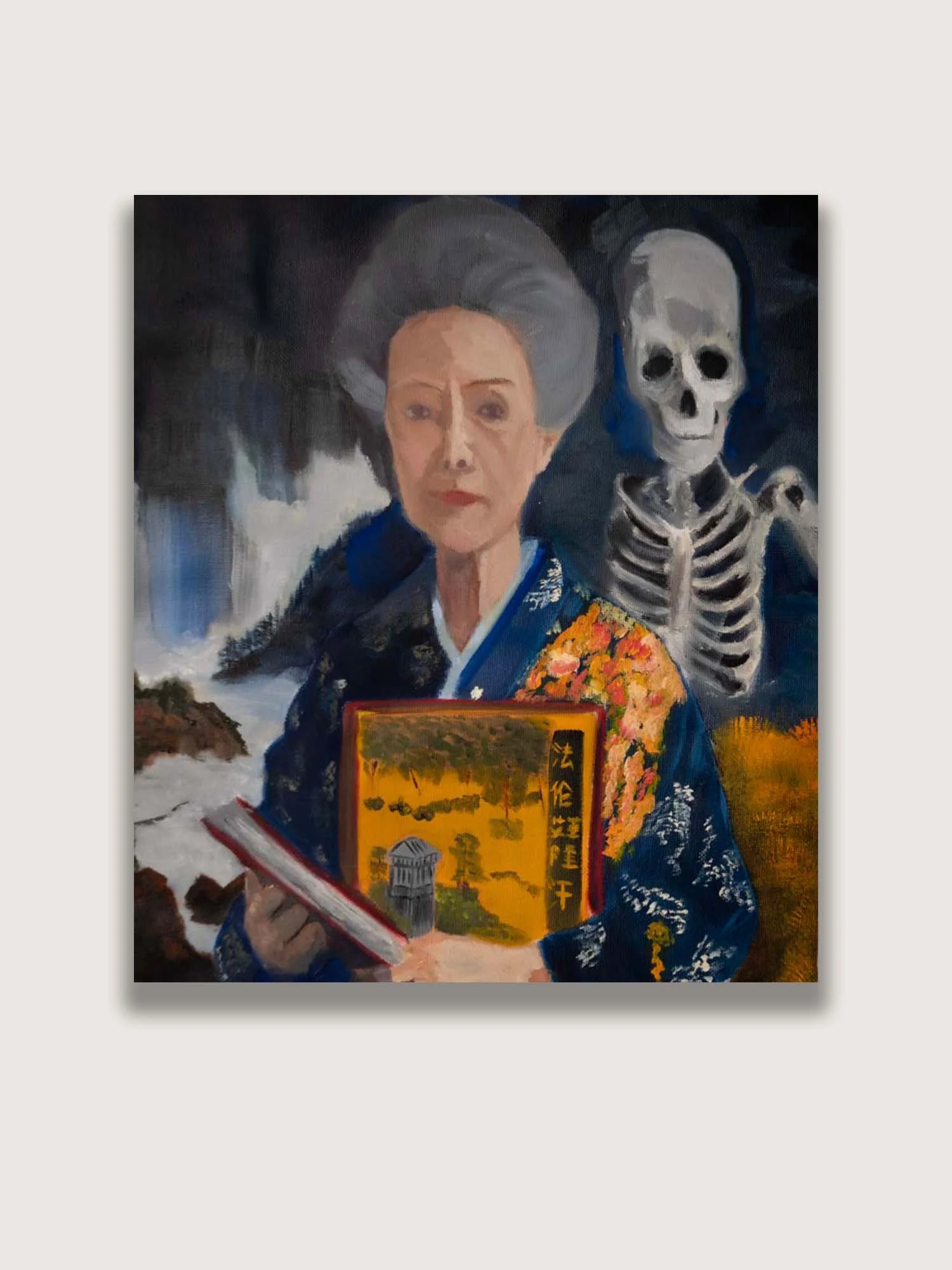 Oil painting of an elderly woman in a blue kimono holding a book with a skeletal specter behind her, inspired by Japanese Ukiyo-e folklore and ghost stories.