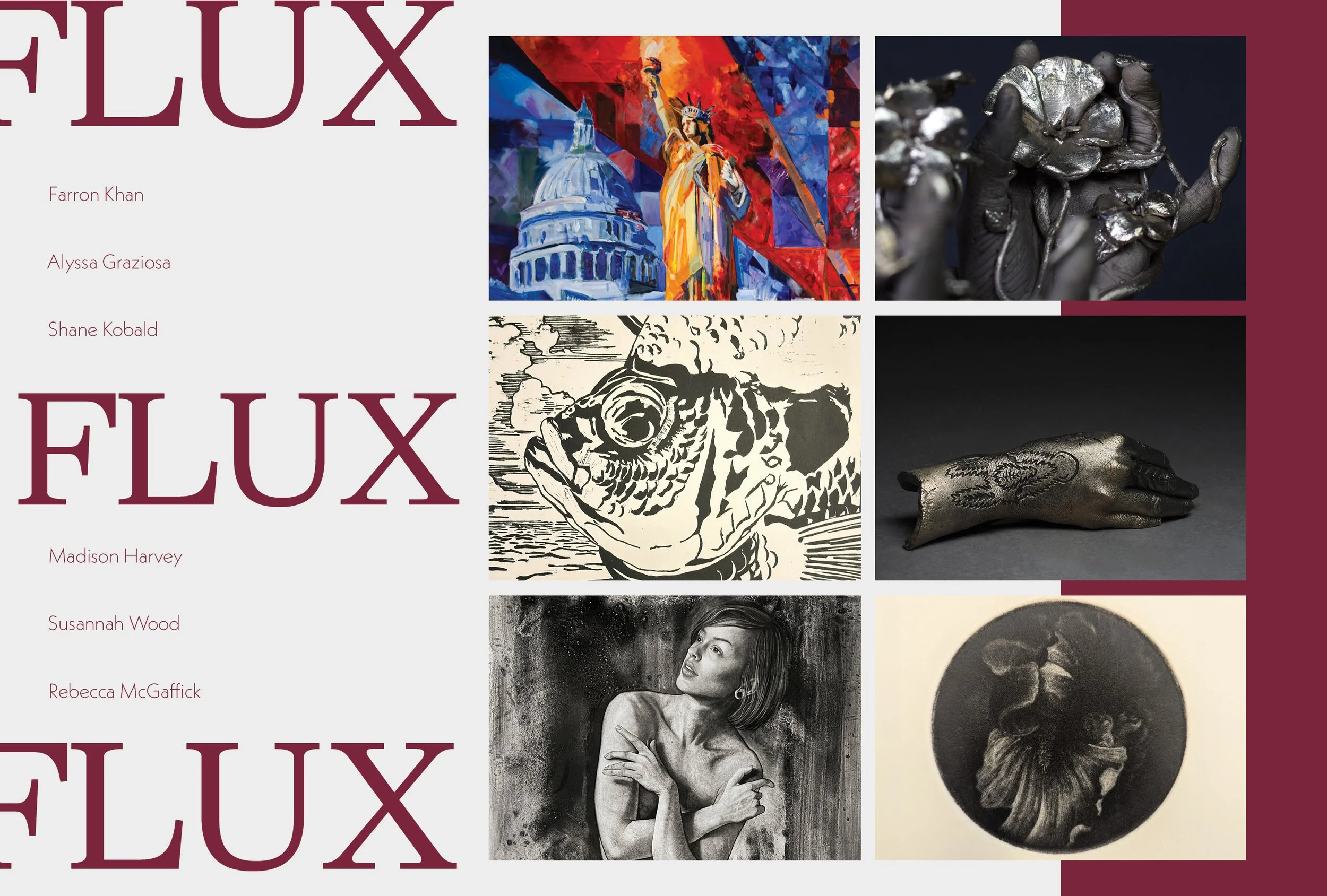 Promotional graphic for the Colorado Mesa University FLUX exhibition featuring artwork by Farron Khan, Alyssa Graziosa, Shane Kobald, Madison Harvey, Susannah Wood, and Rebecca McGaffick.