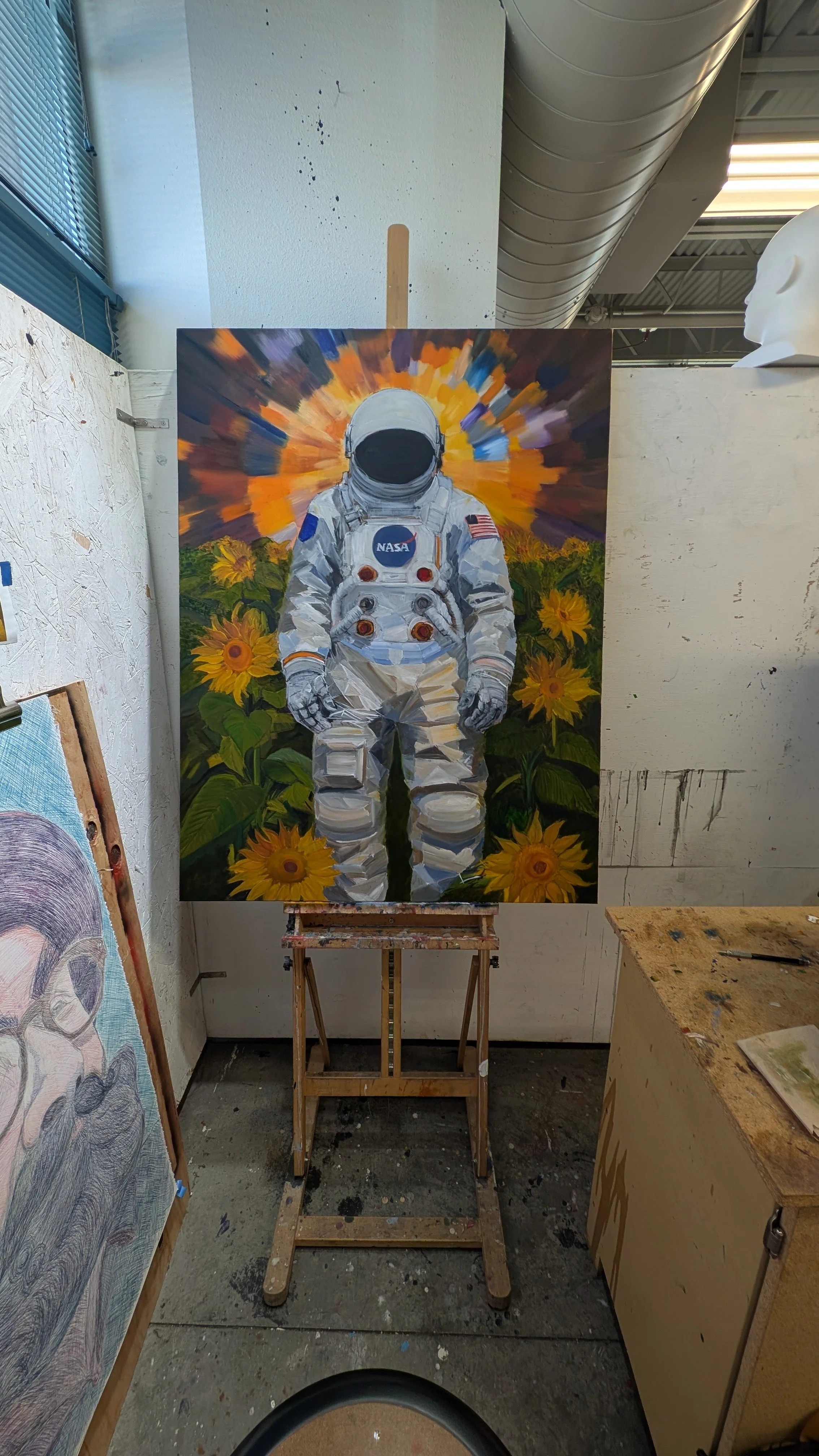 Painting of an astronaut in a sunflower field with a colorful sky background.