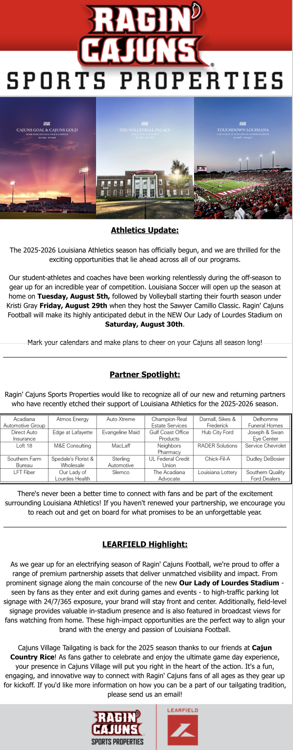 Poster for Ragin' Cajuns Sports Properties featuring images of a stadium at sunset, a university building, and a football stadium filled with fans, with updates about Louisiana Athletics and partner sponsorships.