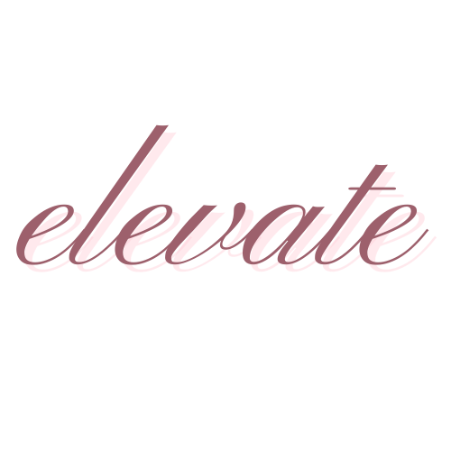 The word 'elevate' written in pink cursive text with a black background.