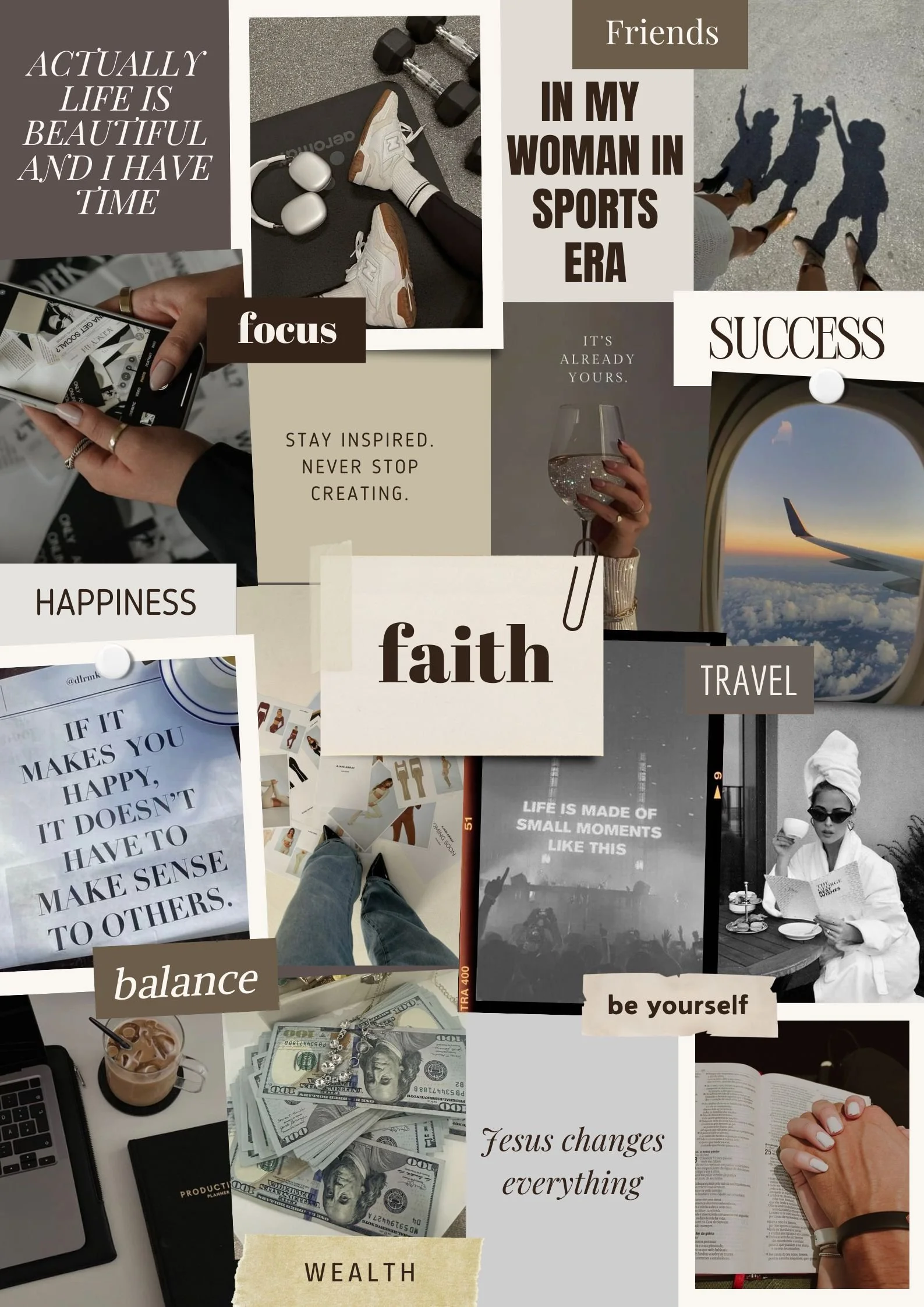Collage of images and words inspiring positivity, motivation, and lifestyle, including workout gear, a person with headphones, a person drinking wine, airplane window view, coffee, money, a person reading, and various motivational quotes.