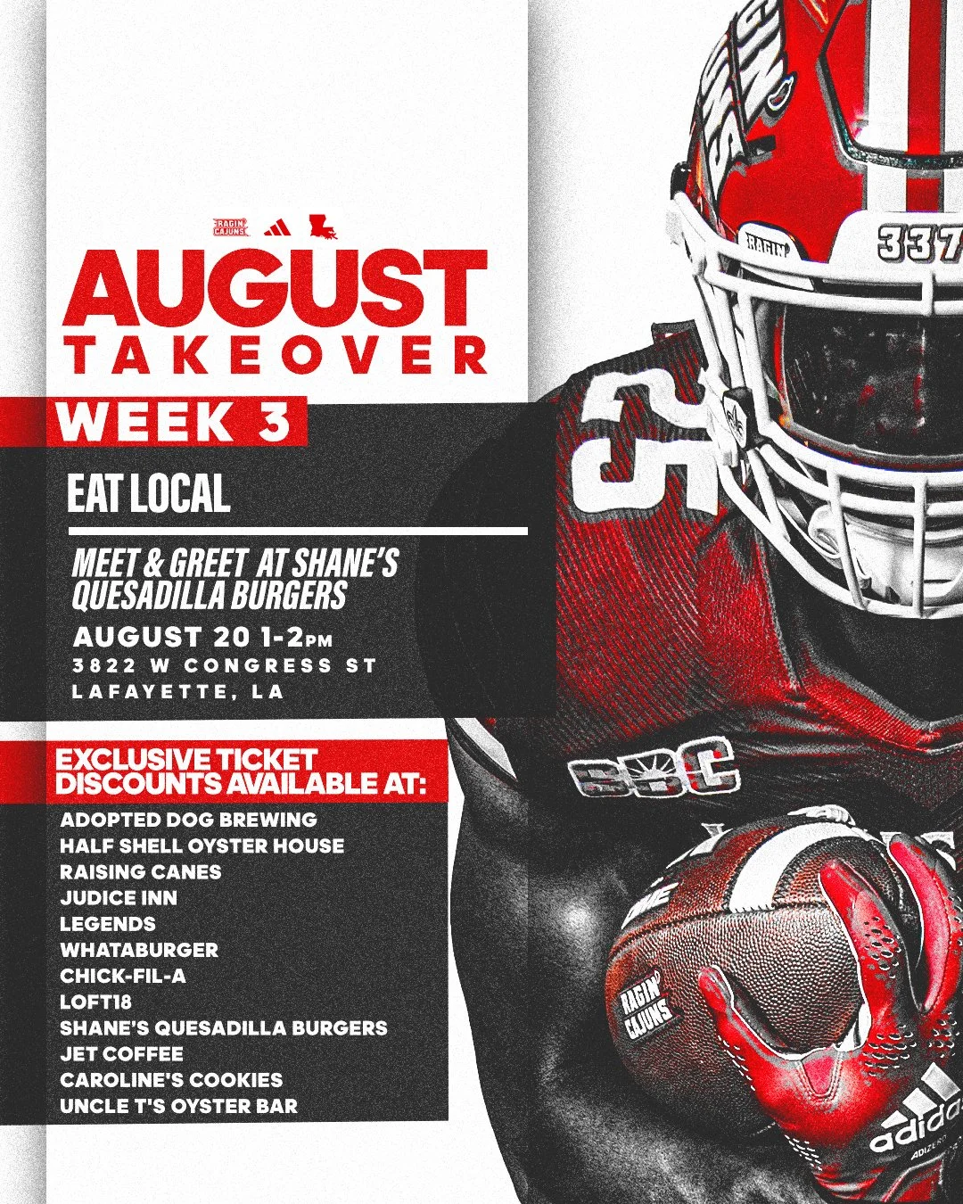 Poster for August takeover week 3 featuring an NCAA football helmet, a football, and a list of local food and drink establishments.