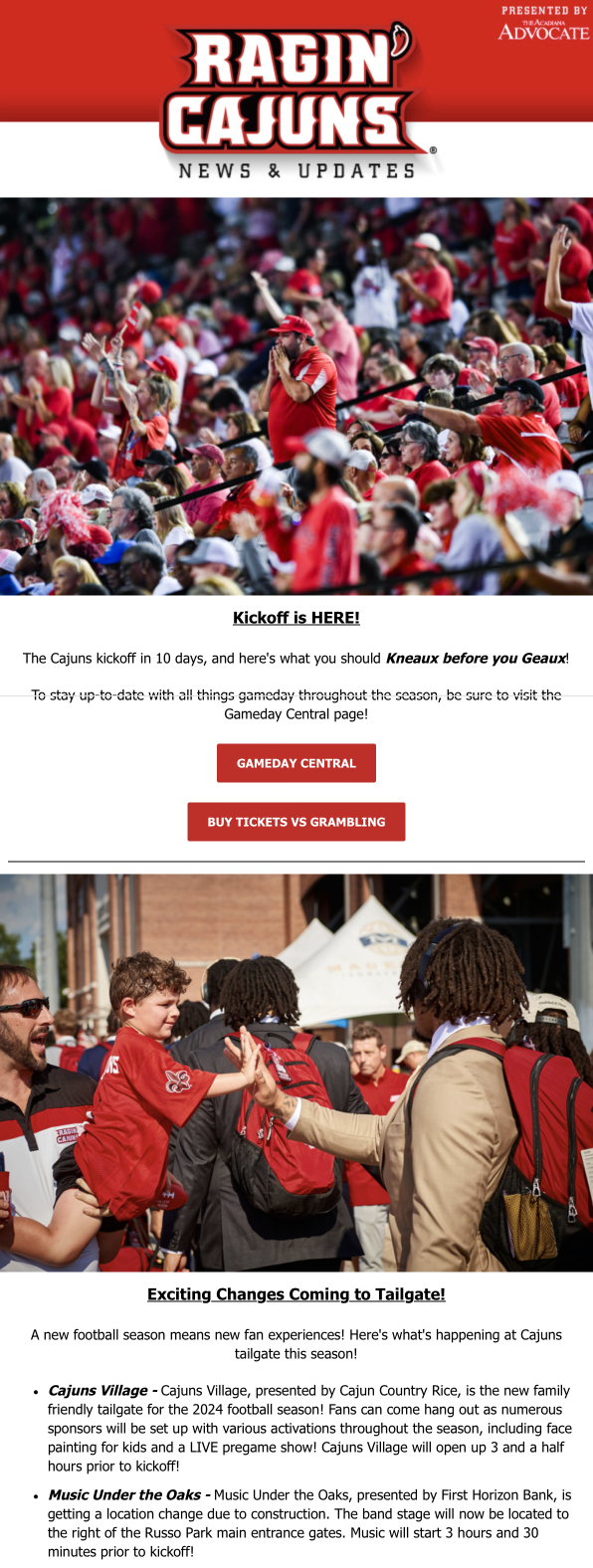 A digital newsletter for the Ragincajuns football team features photos of enthusiastic fans and supporters dressed in red, with prominent headlines about team updates, tailgating events, and upcoming games.