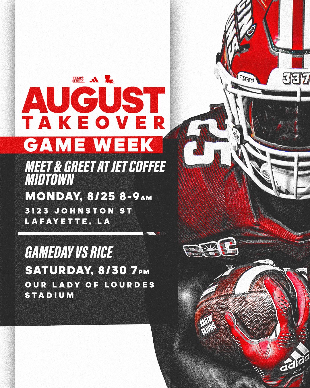 A flyer for August football game week events featuring a football helmet and gloves with the LSU logo, with text about meet and greet and game day details.