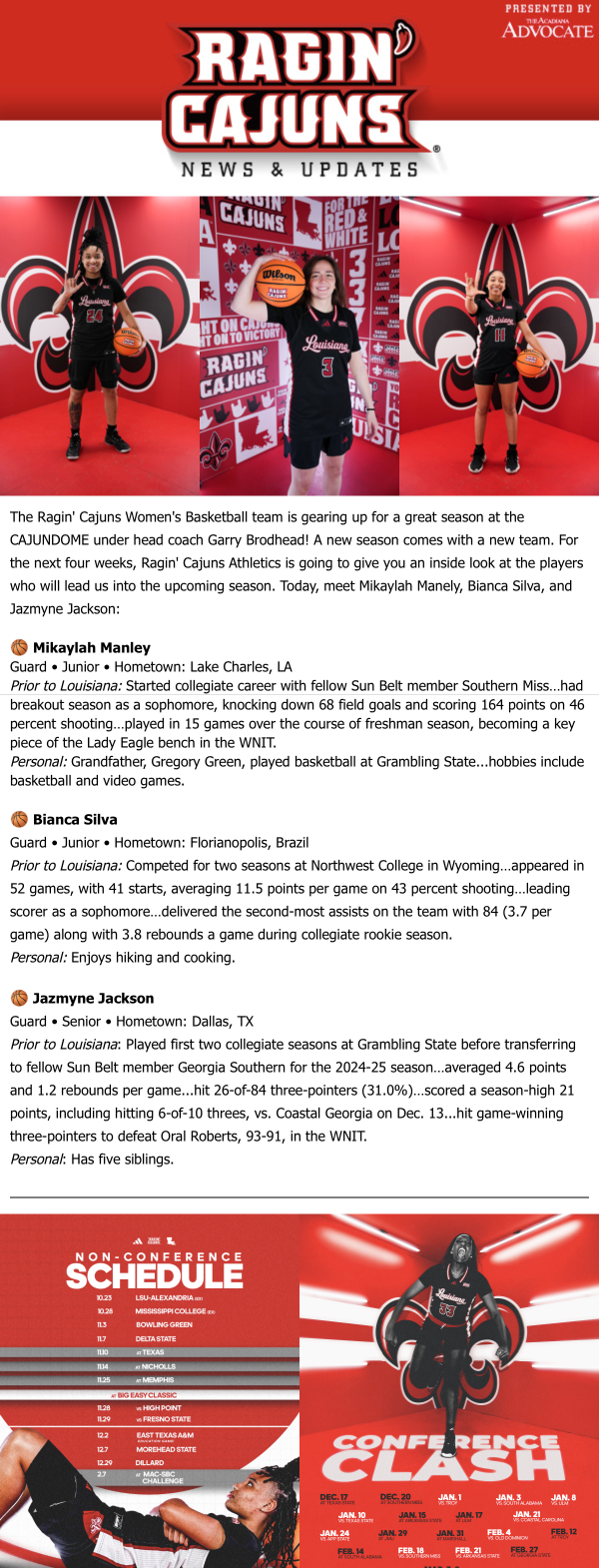 A collage featuring three young women basketball players, each holding a basketball, standing in front of team-themed backdrops with the Ragin' Cajuns logo, and a schedule for upcoming basketball games.