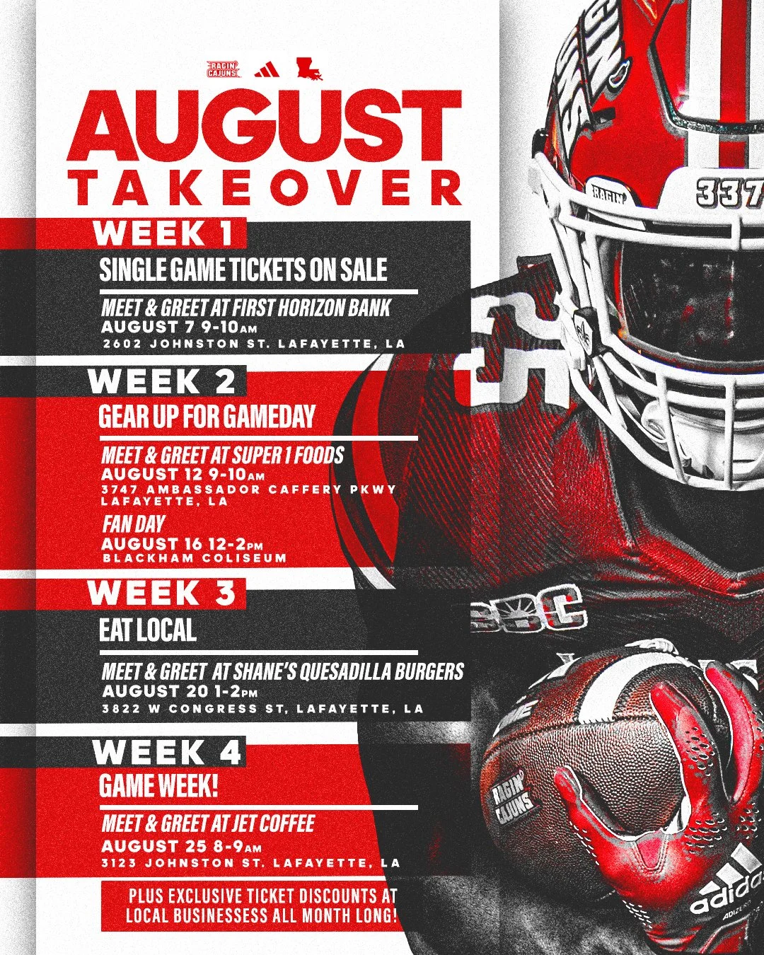 Event schedule poster for August sports activities featuring a football helmet and a mask. Events include ticket sales, meet and greet sessions, and game days across four weeks in Lafayette, Louisiana.
