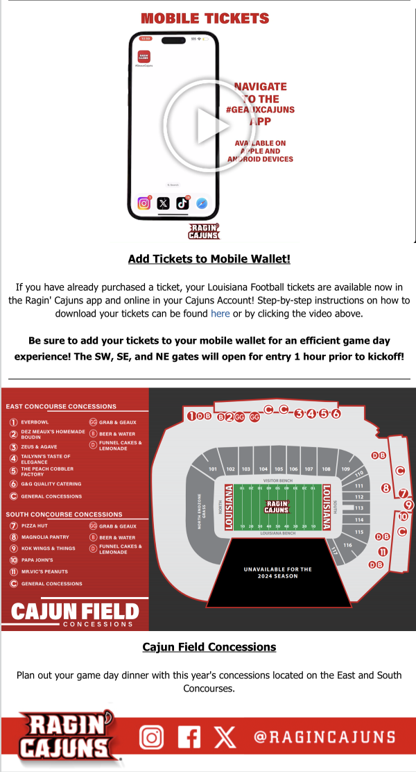 Image of a mobile ticketing guide for Ragin Cajuns football, showing a smartphone with app icons, instructions to add tickets, and a stadium seating chart.