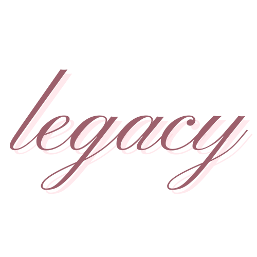 The word 'legacy' written in pink cursive script on a black background.