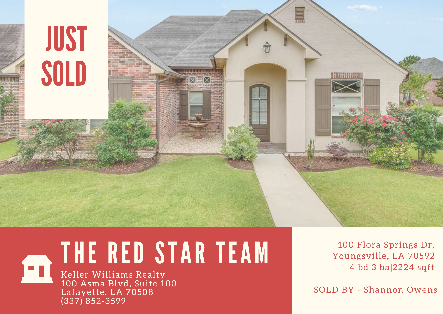 A house with a well-maintained lawn, brick and beige siding exterior, and a walkway leading to the front door. There are bushes and flowers in front of the house. A 'JUST SOLD' sign from Keller Williams Realty displaying contact information and details about the property is in the foreground.