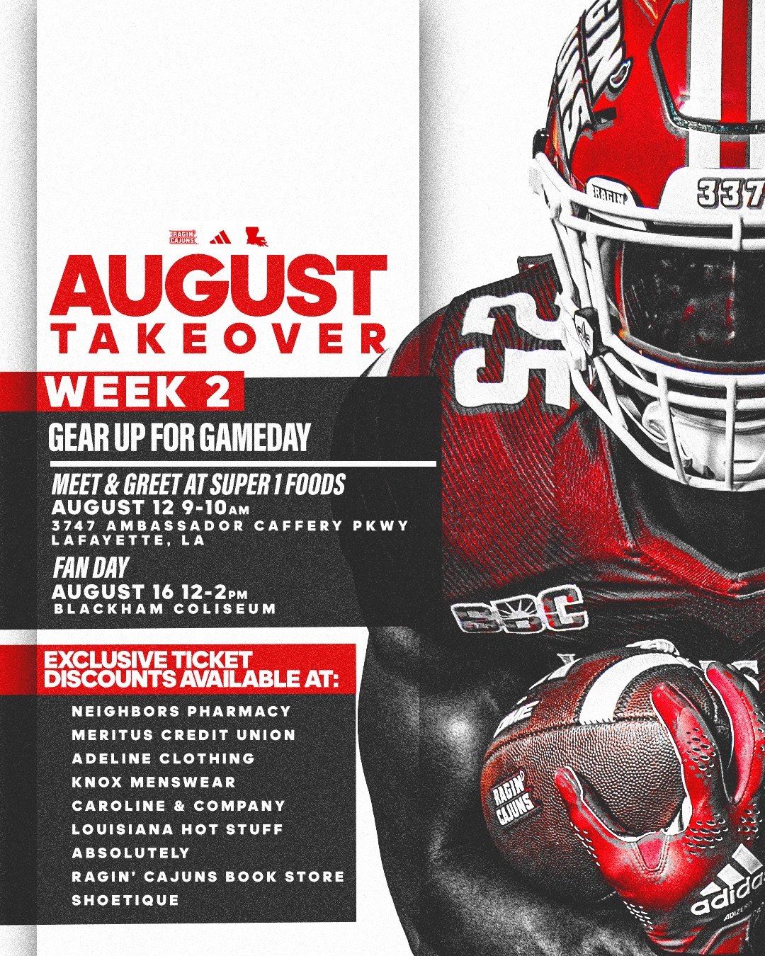 Poster advertising August events for a football team, featuring a helmet and football, with details about meet and greet, fan day, and ticket discounts at local stores.