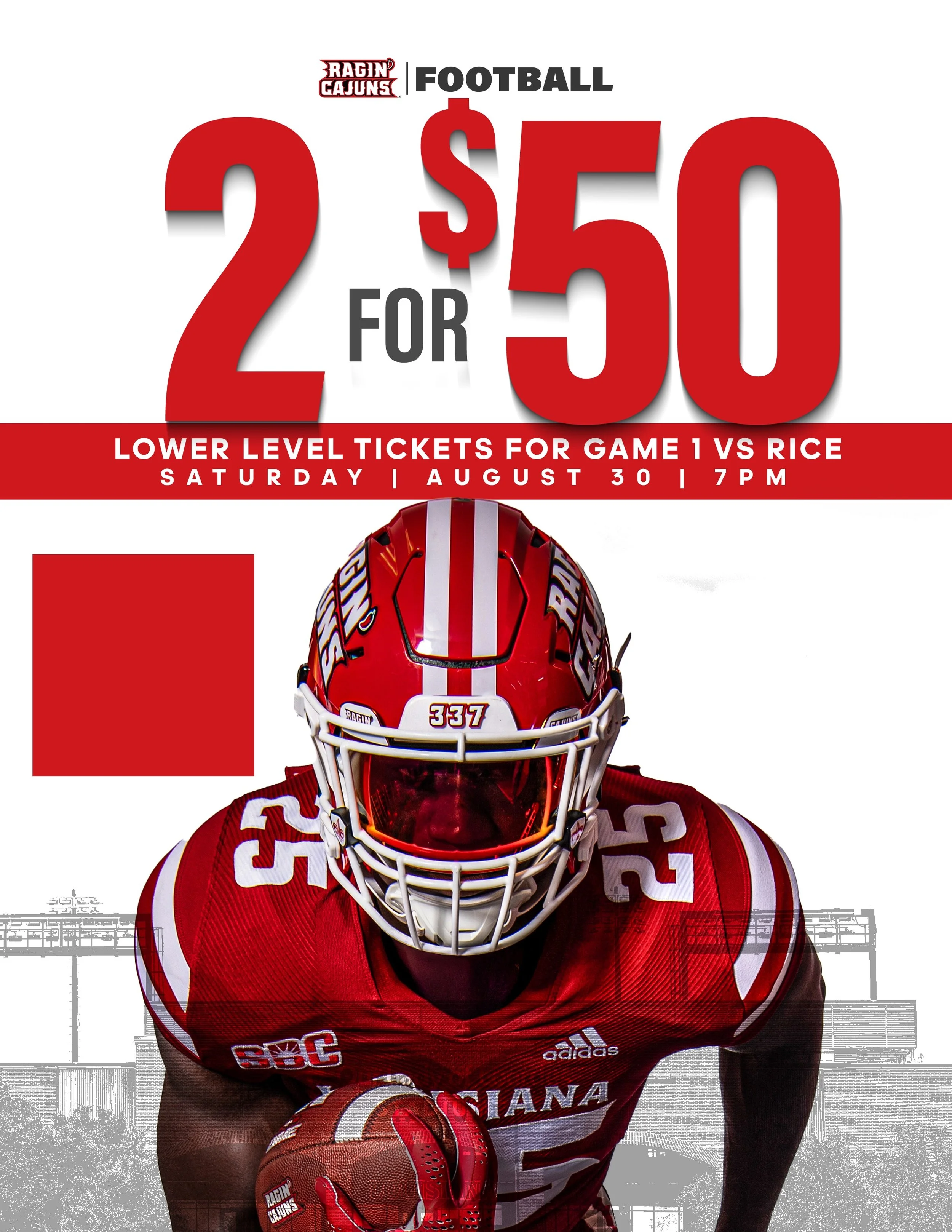 Ticket promotion poster for a football game between lower level tickets and Rice on Saturday, August 30 at 7 PM, with a football player in a red uniform and helmet.
