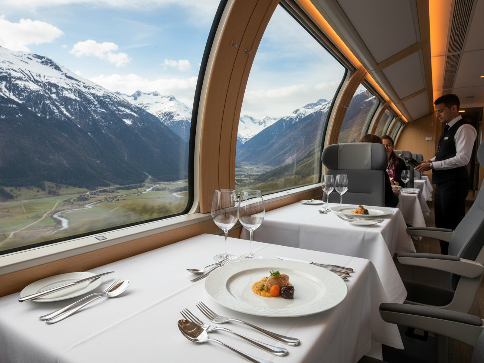 Elegant train dining car with white tablecloths, set with silverware, glasses, and plates, overlooking snow-capped mountains through large windows, with a waiter serving guests.