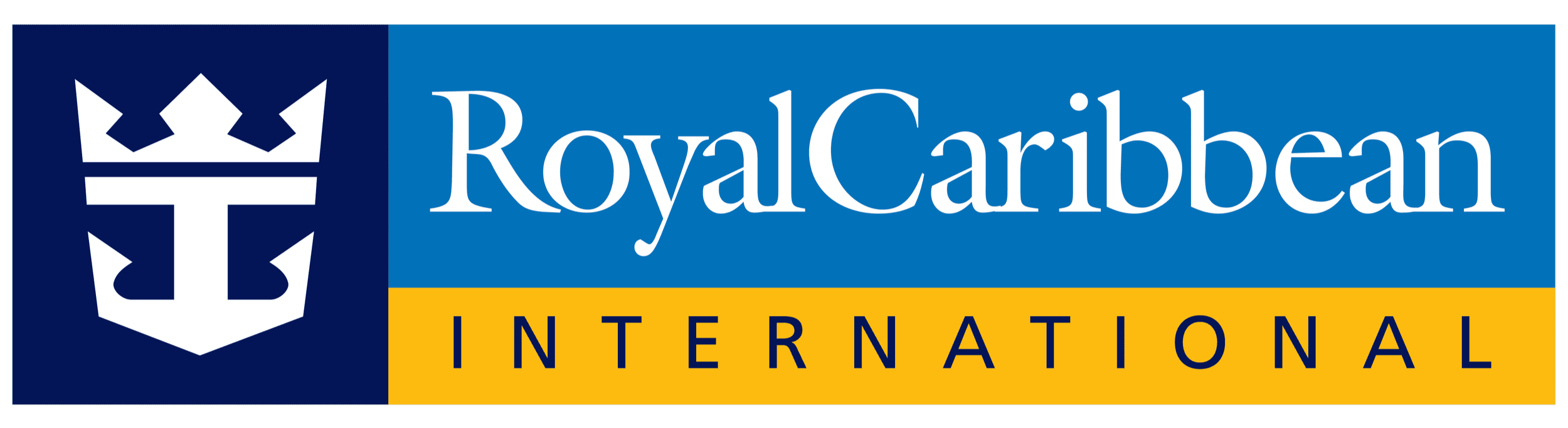 Royal Caribbean International logo with a blue background, a white crown emblem, and the company name in white and yellow text.