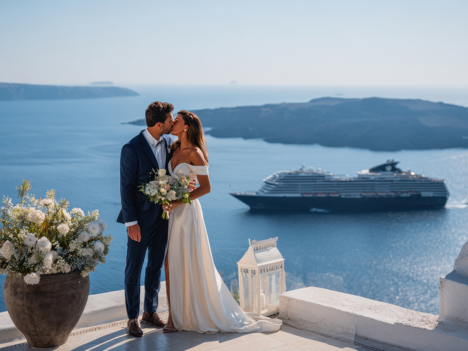 A newlywed couple in wedding attire sharing a kiss on a balcony overlooking the sea, with a cruise ship and islands in the background.