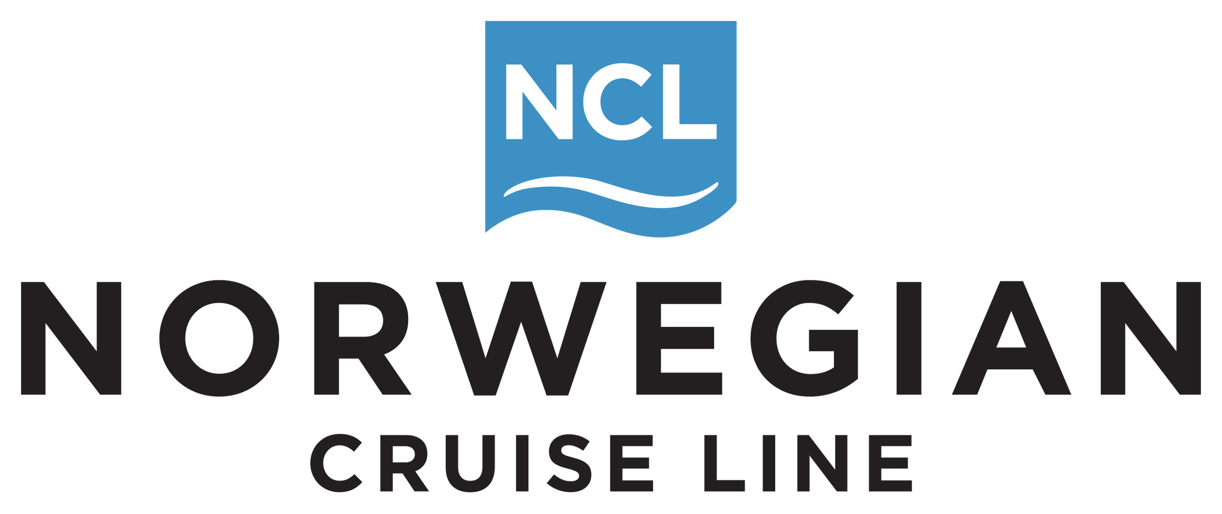 Logo for the Norwegian Cruise Line with the NCL emblem at the top, featuring a blue shield with white lettering and a wave, and the text 'NORWEGIAN CRUISE LINE' below, with a red stop sign integrated into the letter O.