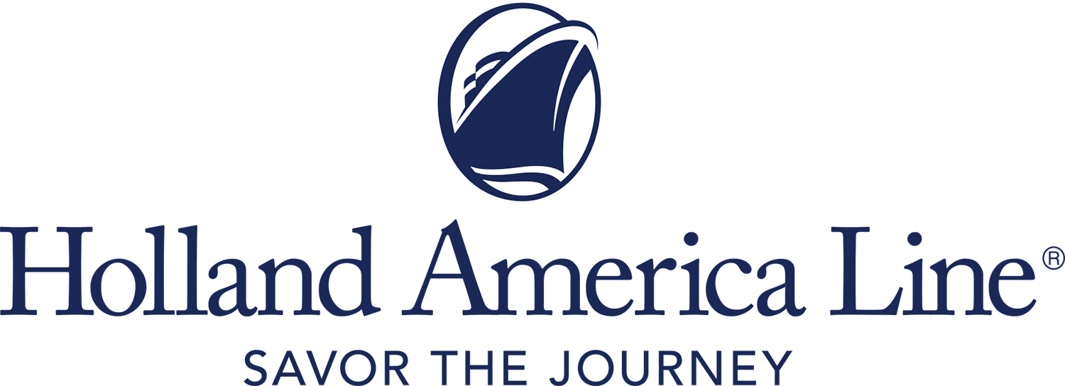 Holland America Line logo with a blue and white emblem and the slogan "Savor the Journey"