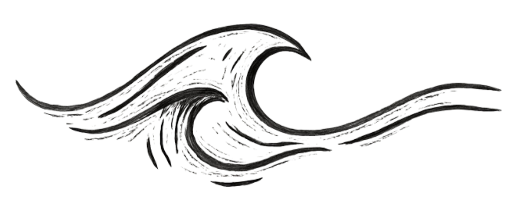 Stylized black and silver wave design logo with curved lines.