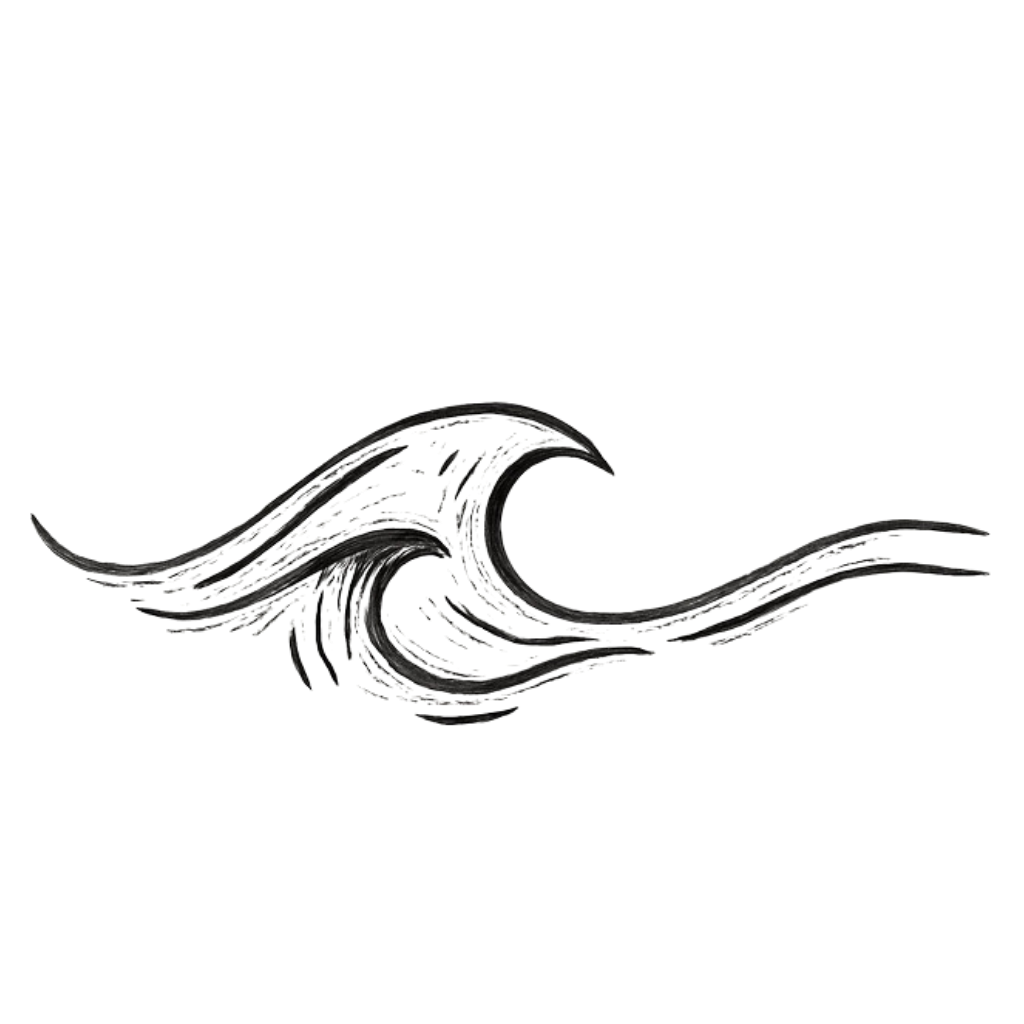 Stylized black and white wave design with flowing curves.