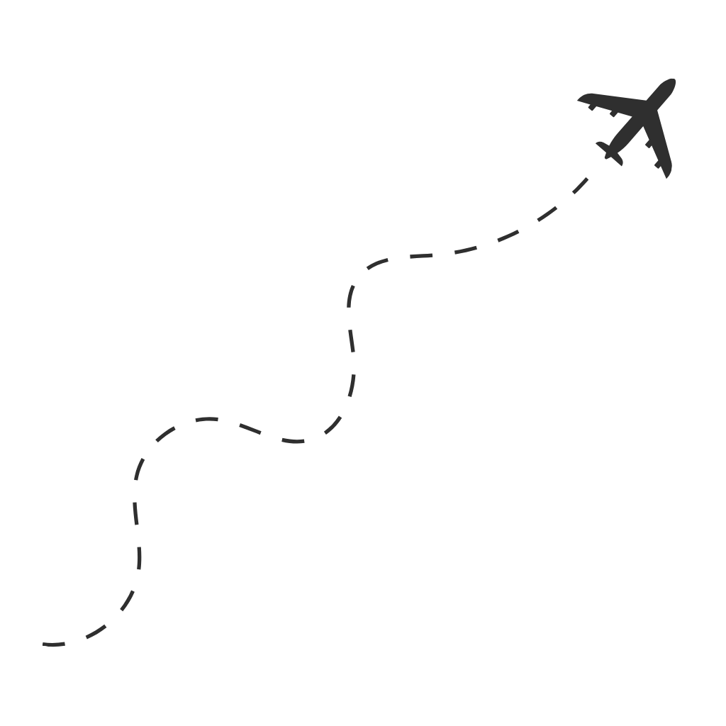 A black and white illustration of an airplane flying through the air, leaving a dashed dotted flight path trail.