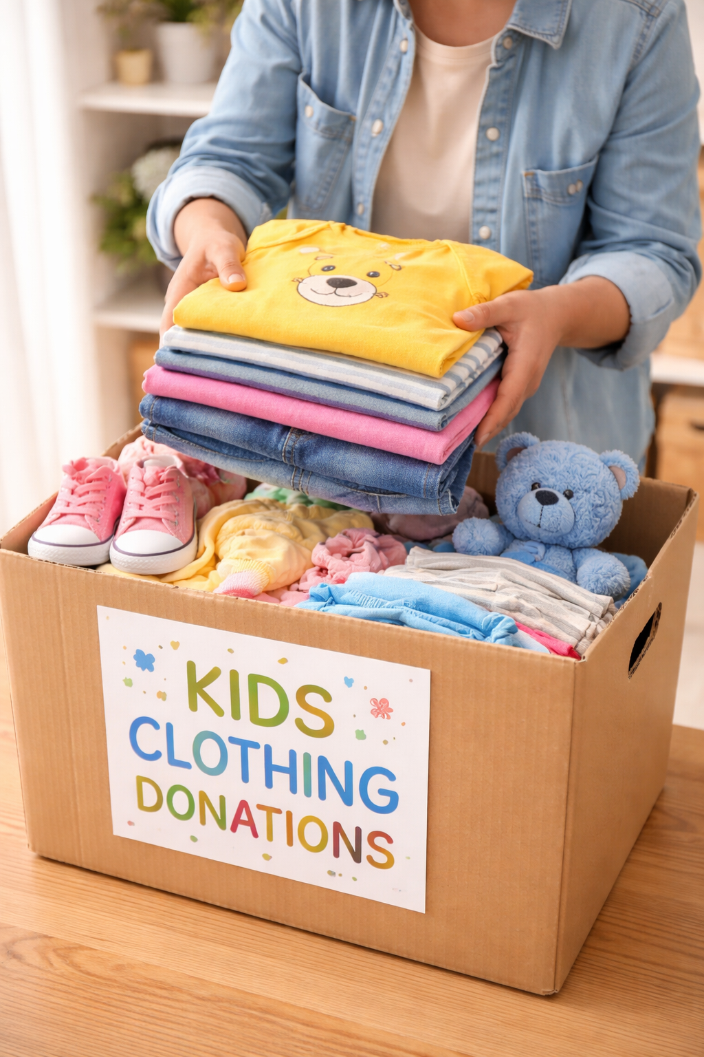 Person folding kids' clothing donations including a yellow shirt with a bear face, pink shoes, and a blue teddy bear, in a cardboard box labeled Kids Clothing Donations.