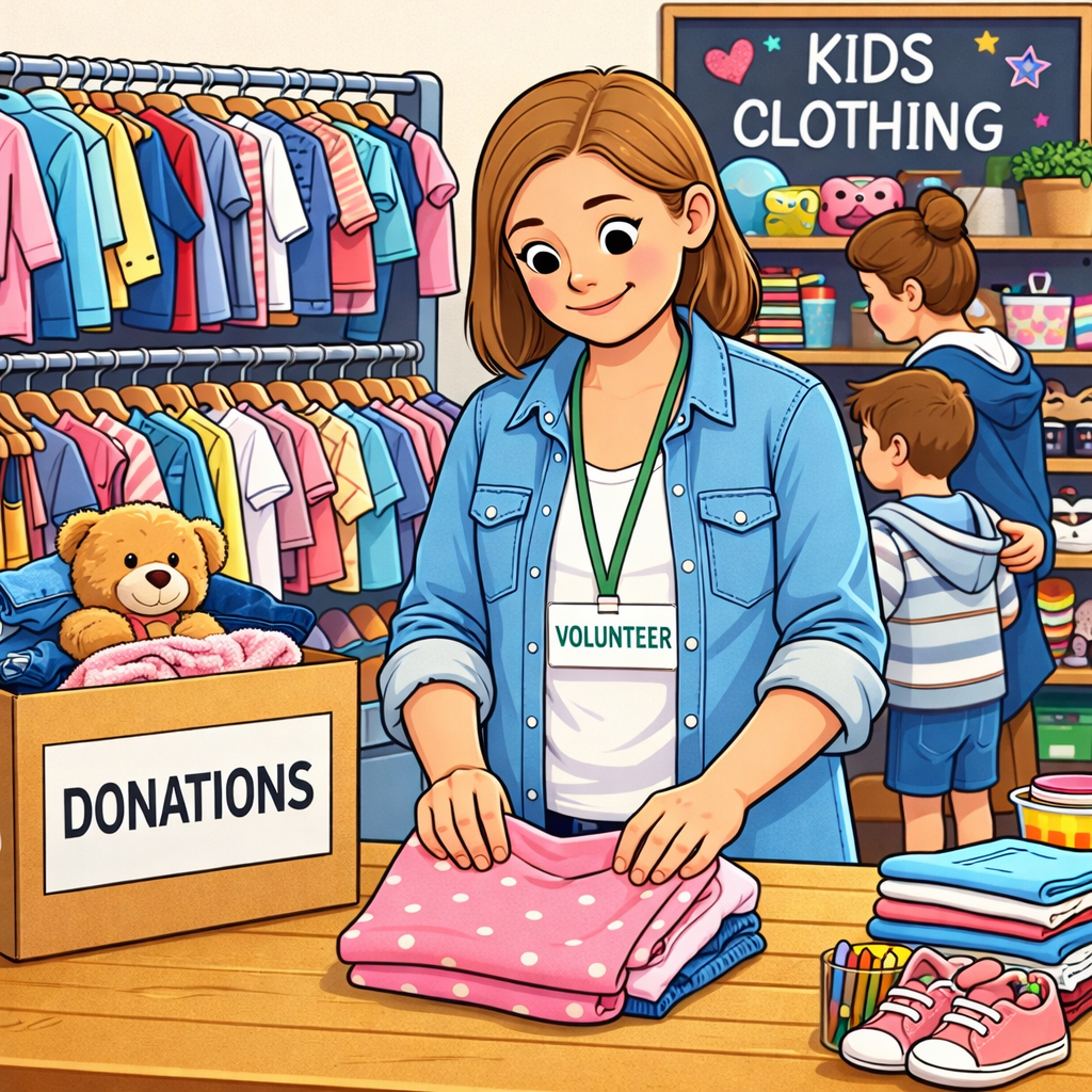 A woman volunteer organizing folded clothes for donation at a children's clothing donation center. The background has shelves with colorful clothes, toys, and a sign that says 'Kids Clothing,' with two children browsing nearby.