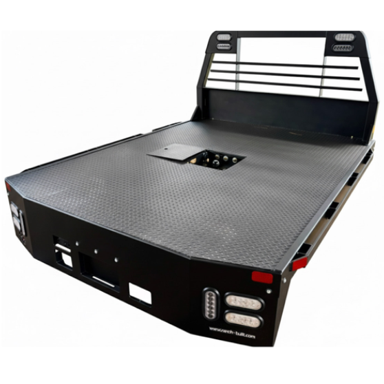 A black flatbed tow truck with a textured platform and a metal headboard, equipped with lights and safety features.