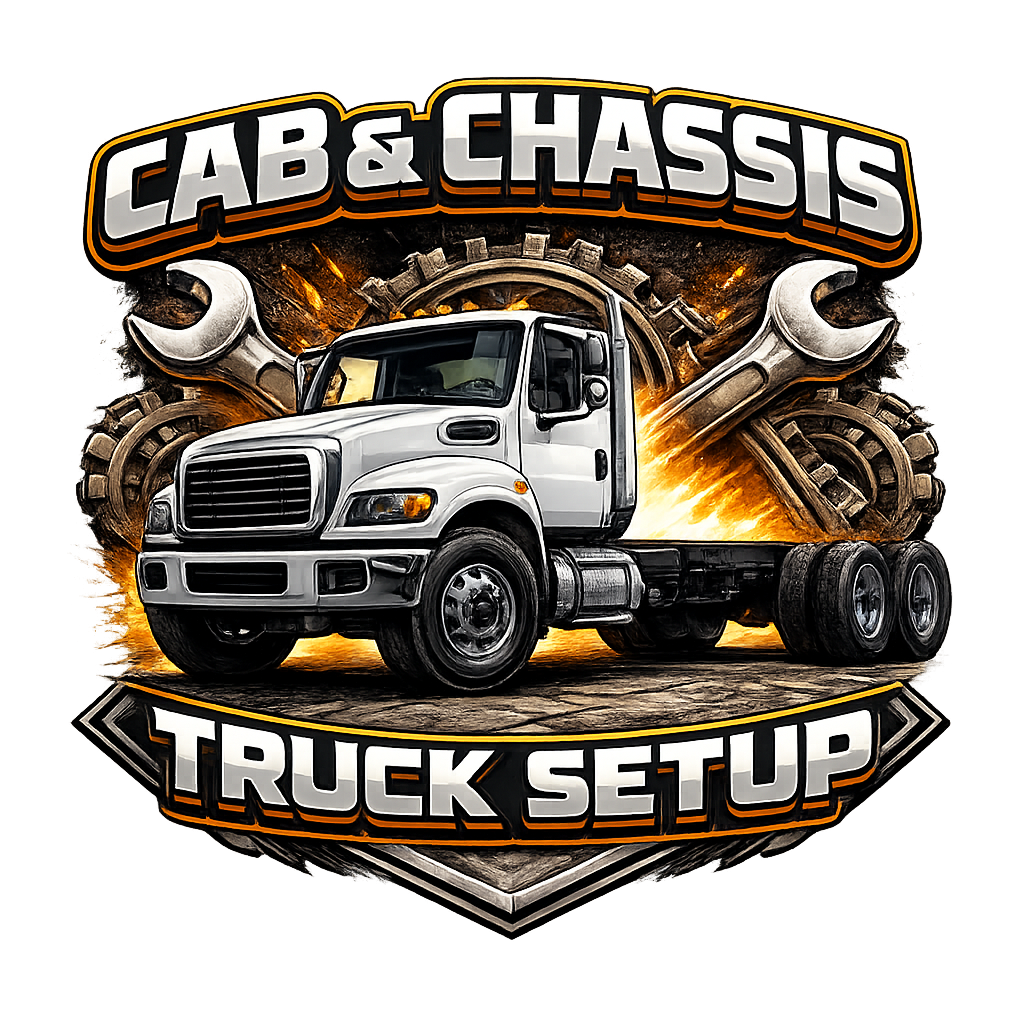 Graphic logo for a truck setup service featuring a white semi-truck, large gears, and crossed wrenches with fiery effects background, and bold text reading 'CAB & CHASSIS' at the top and 'TRUCK SETUP' at the bottom.