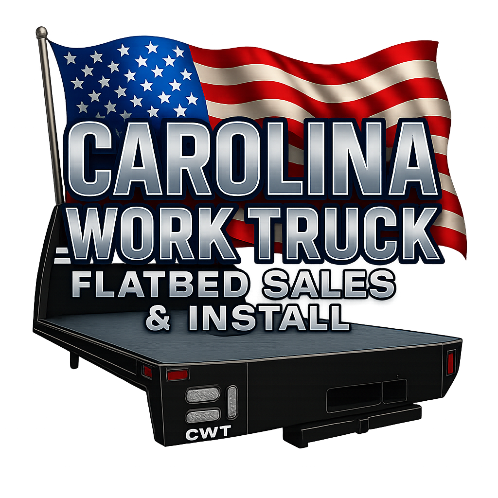 A graphic featuring an American flag and a flatbed truck with bold text advertising Carolina Work Truck's sales and installation services.
