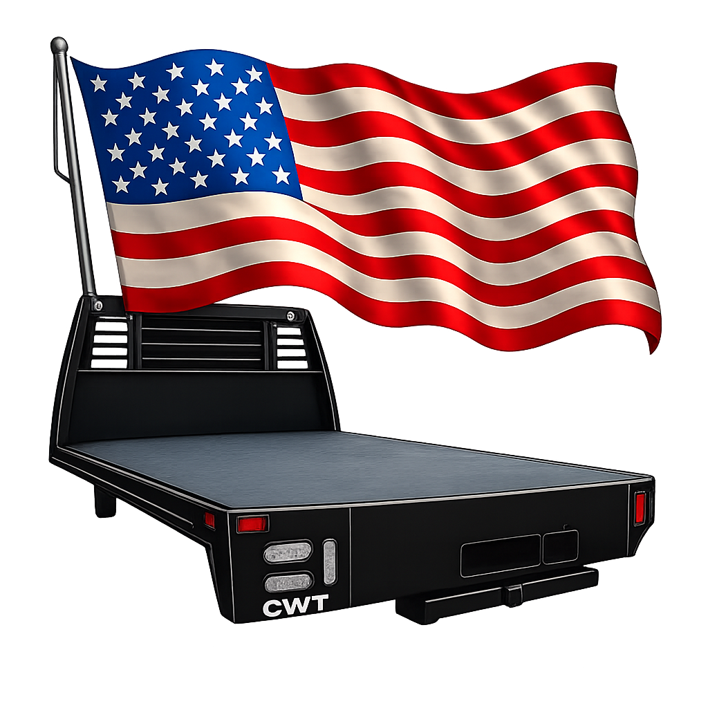 A truck bed with an American flag attached to a pole.