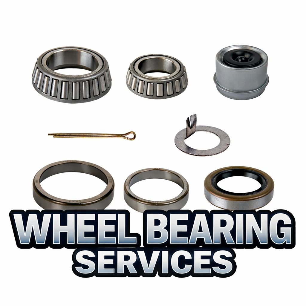 Various wheel bearings, a cotter pin, and a lock washer arranged in a pattern with the text "Wheel Bearing Services" at the bottom.