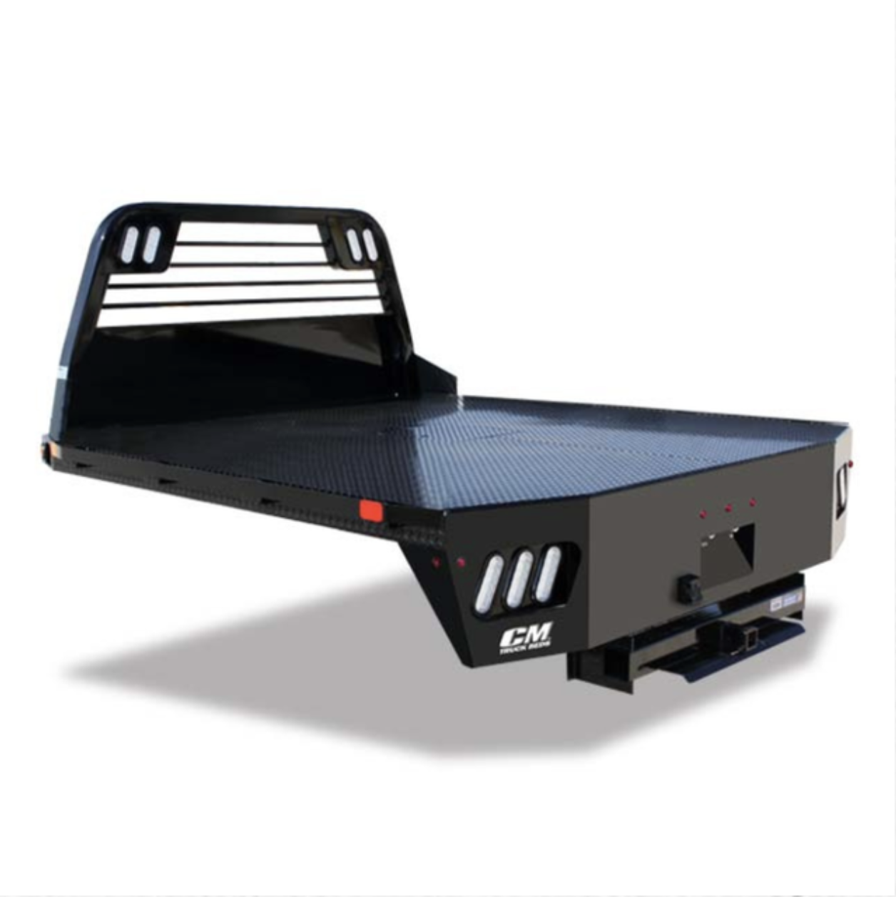 Black flatbed utility truck bed with a headboard and LED lights, marked with 'CM' logo.