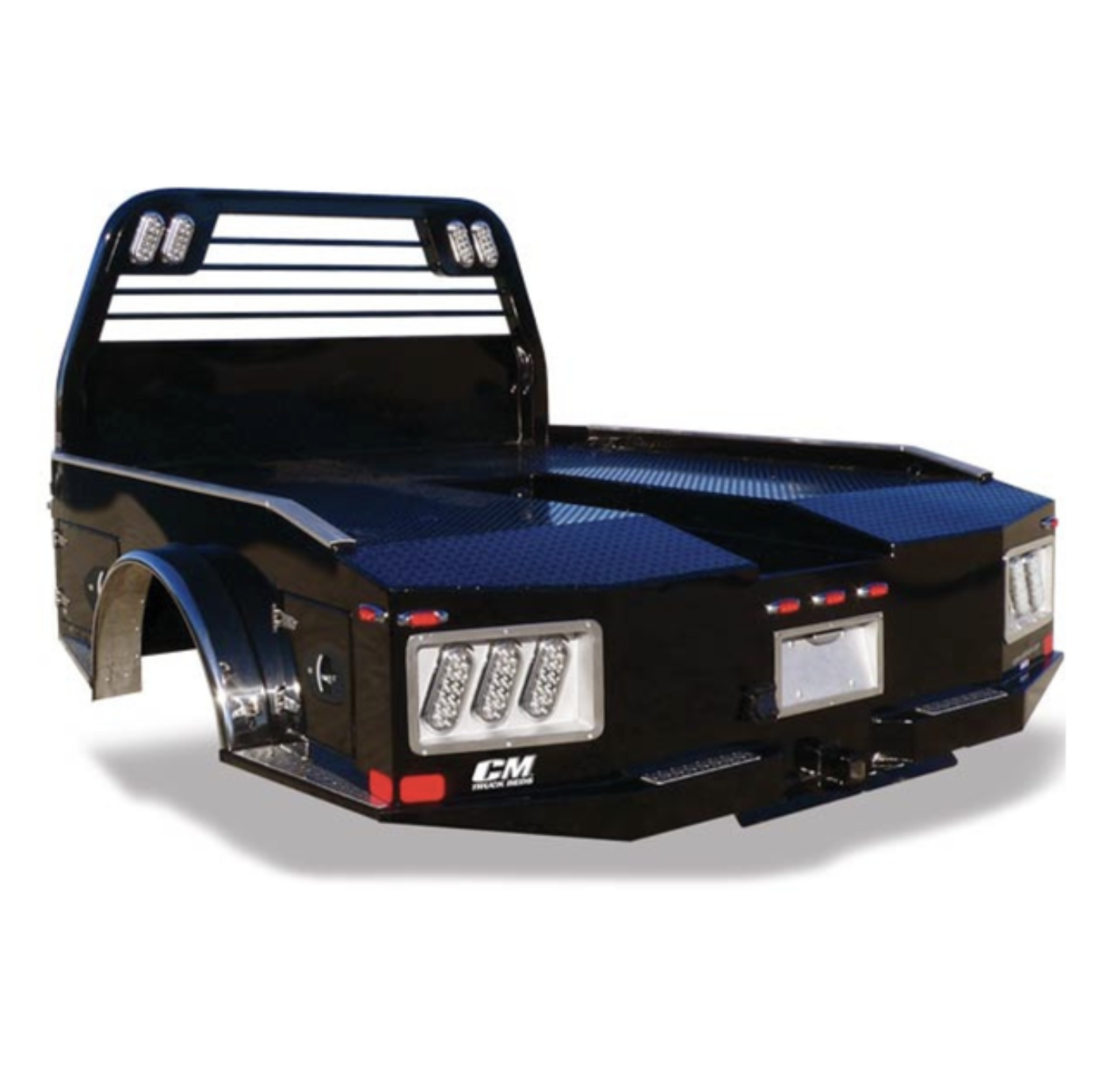 Black utility truck bed with LED lights, mud flaps, and diamond plate surfaces on a white background.