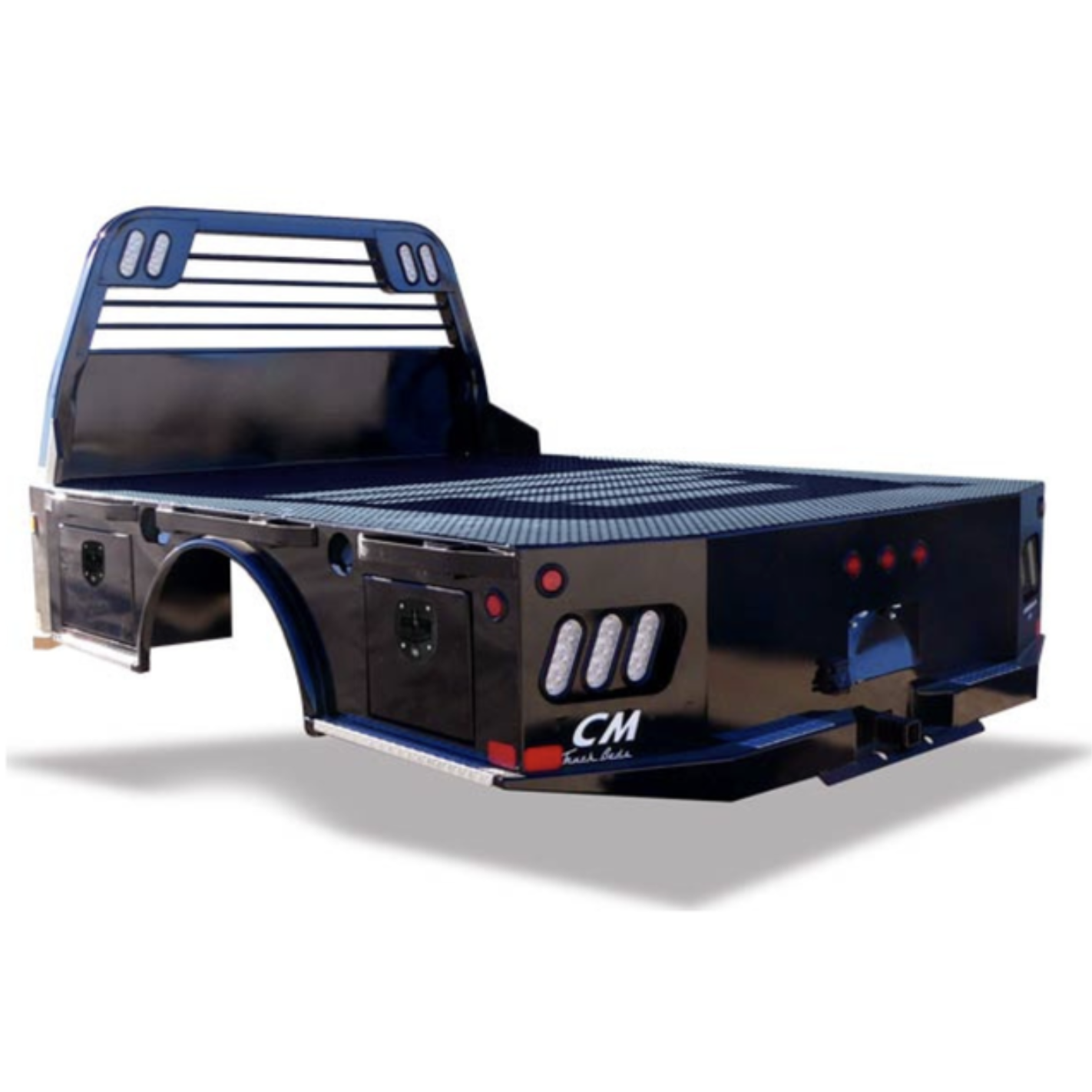 A black utility truck bed with a metal deck, compartments, and a metal headboard, designed for heavy-duty transportation.