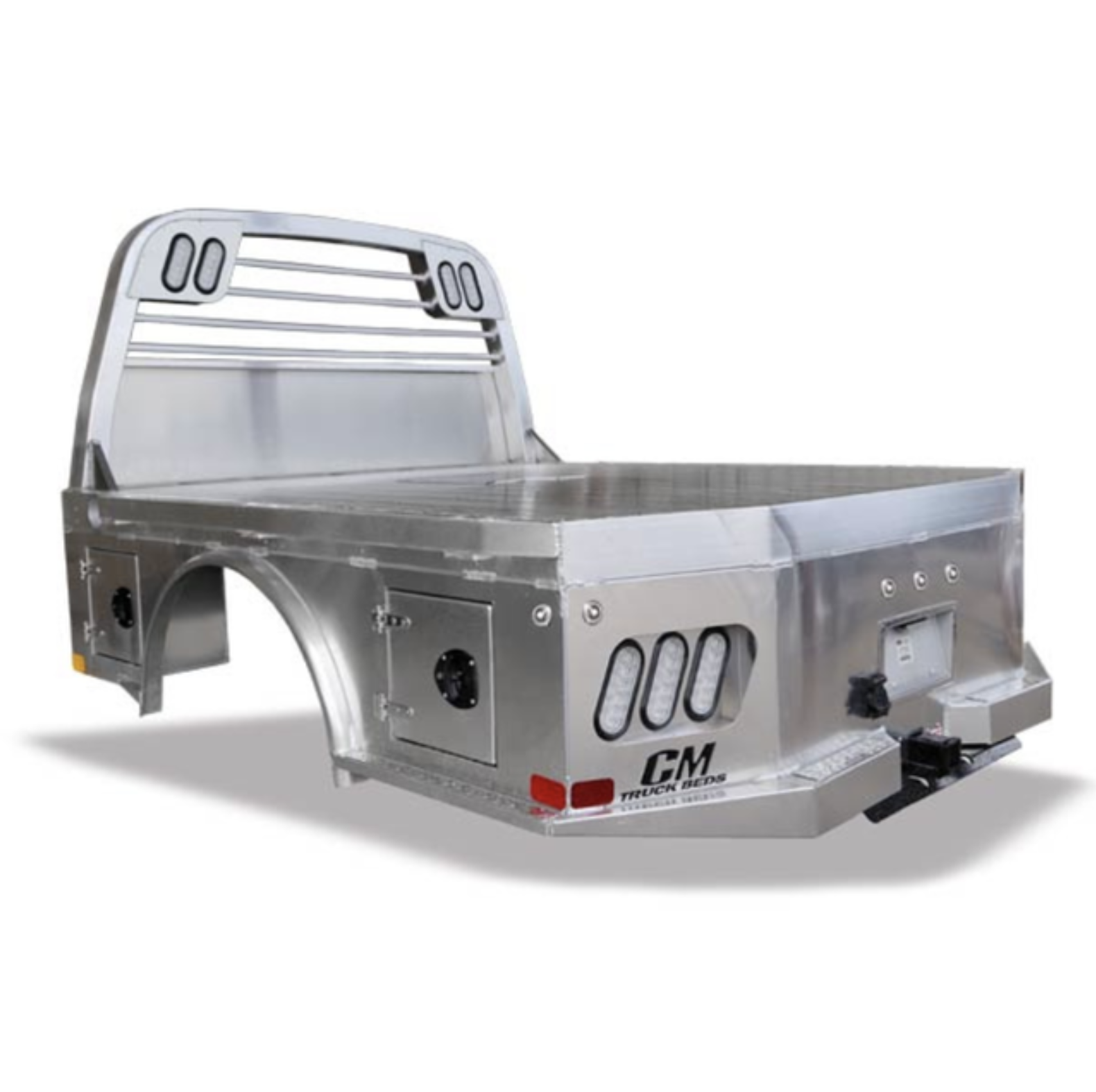 Aluminum truck bed with a cab protector, side access panels, and mounting hardware.