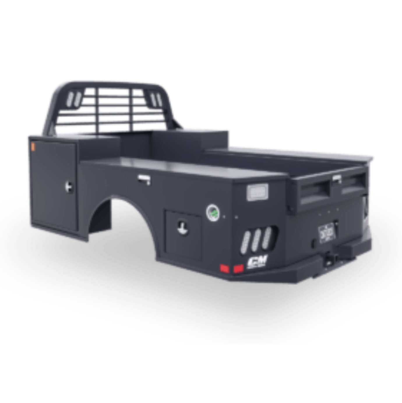 A black flatbed truck utility body with a protective grid above the cab area.