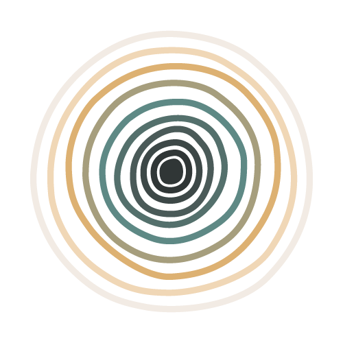 A circular pattern of concentric rings with varying shades of beige, teal, and black, creating a spiral effect.