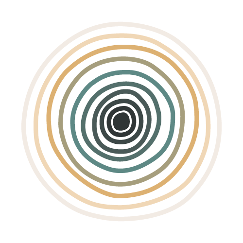 A circular spiral pattern with alternating black, dark green, beige, and white concentric rings on a black background.