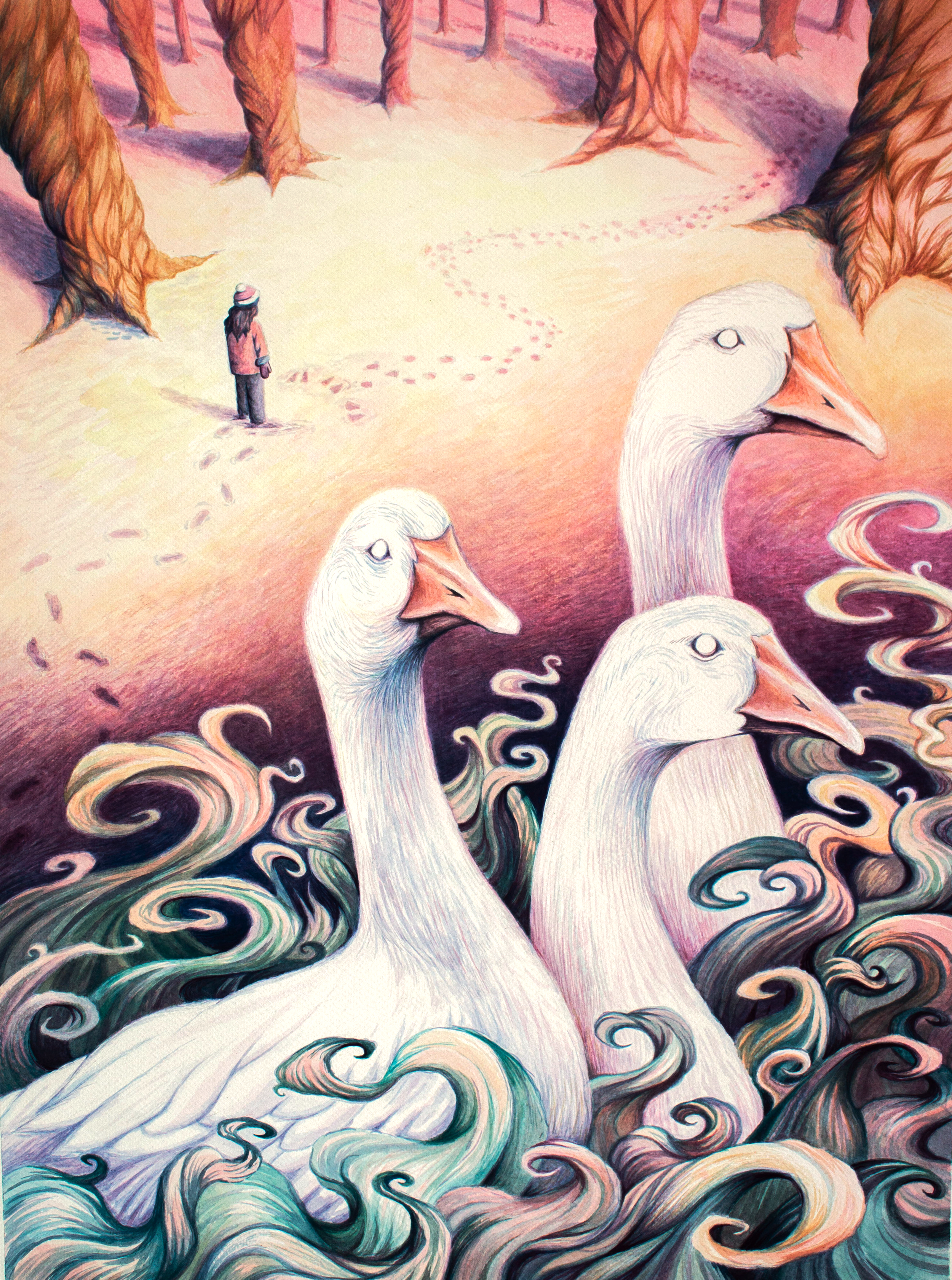 Three White Geese, 17x23, gouache on paper