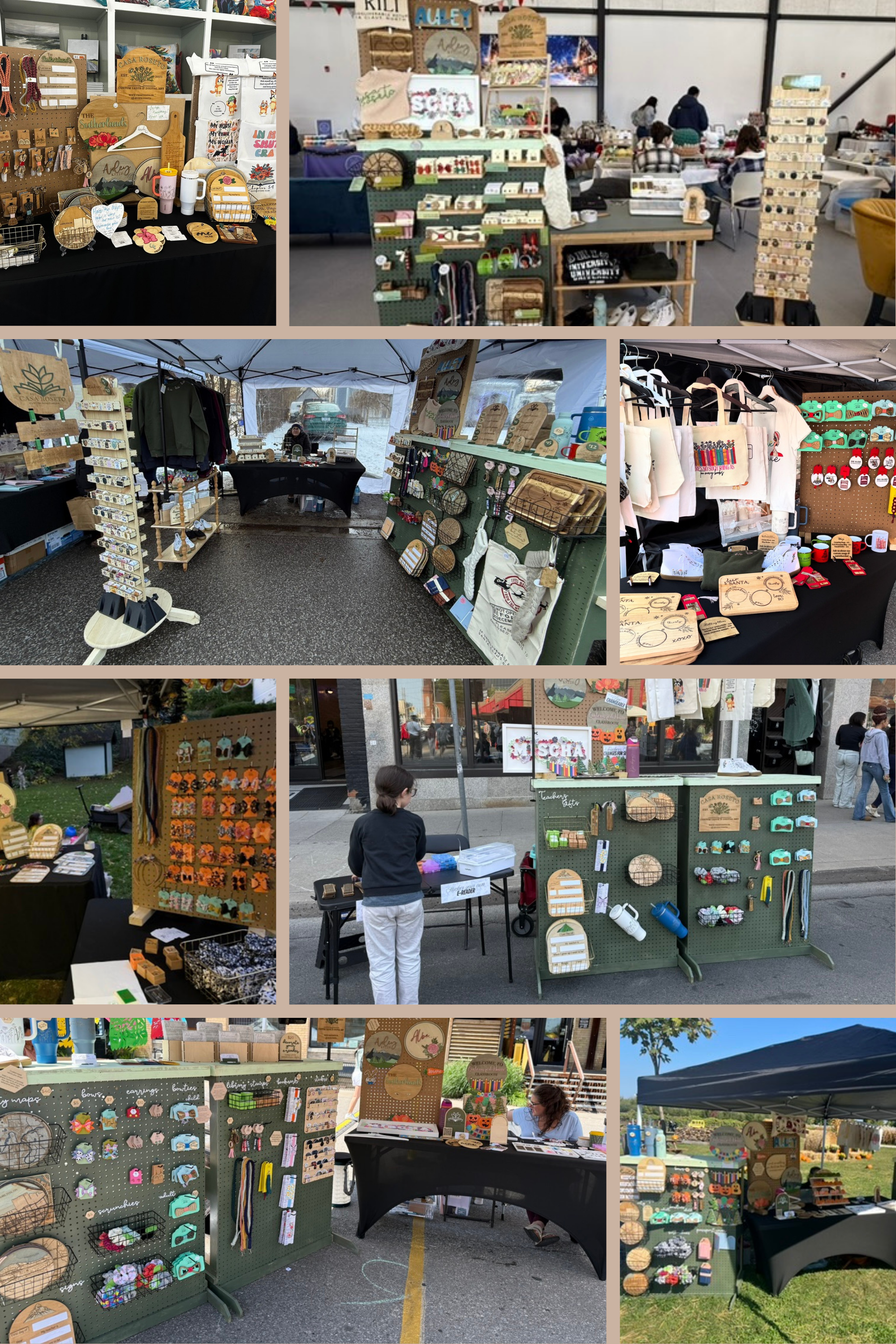 Various outdoor craft vendor booths displaying wooden signs, keychains, ornaments, bags, jewelry, and other handmade items at a craft fair or market.