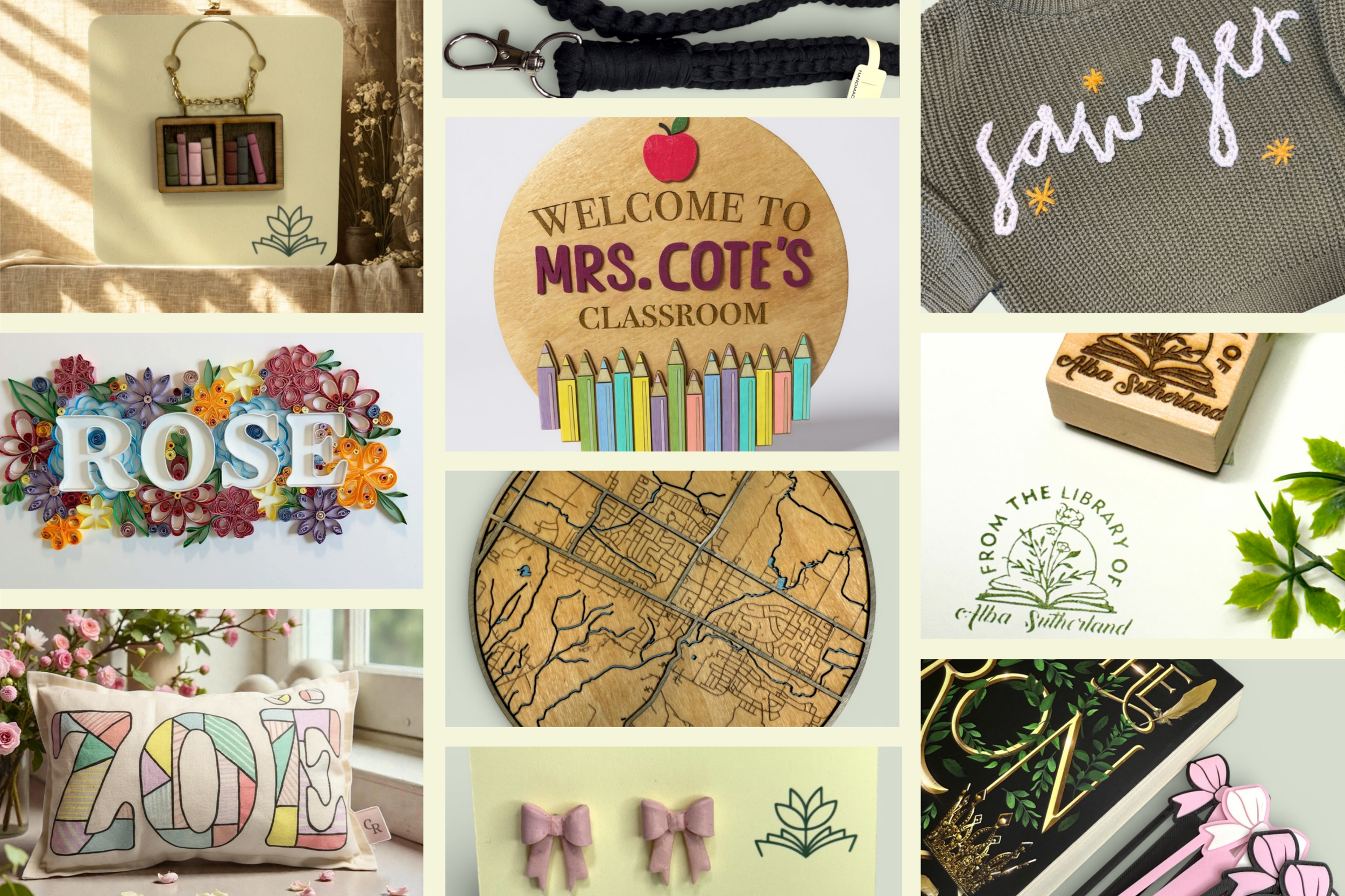 Collage of decorative items including a handmade wooden bookshelf with miniature books, a black braided lanyard with a metal clasp, a circular wooden sign that says "Welcome to Mrs. Cote's Classroom" with colorful pencils, a colorful 3D quilled flower sign spelling "Rose," a floral decorated cushion spelling "LOVE," a round wooden map, a wooden stamp with "Alba Sutherland" engraved, a green stamped logo for "From the Library of Alba Sutherland," a black book with gold lettering, pink hairpins, and pink bow hair accessories.